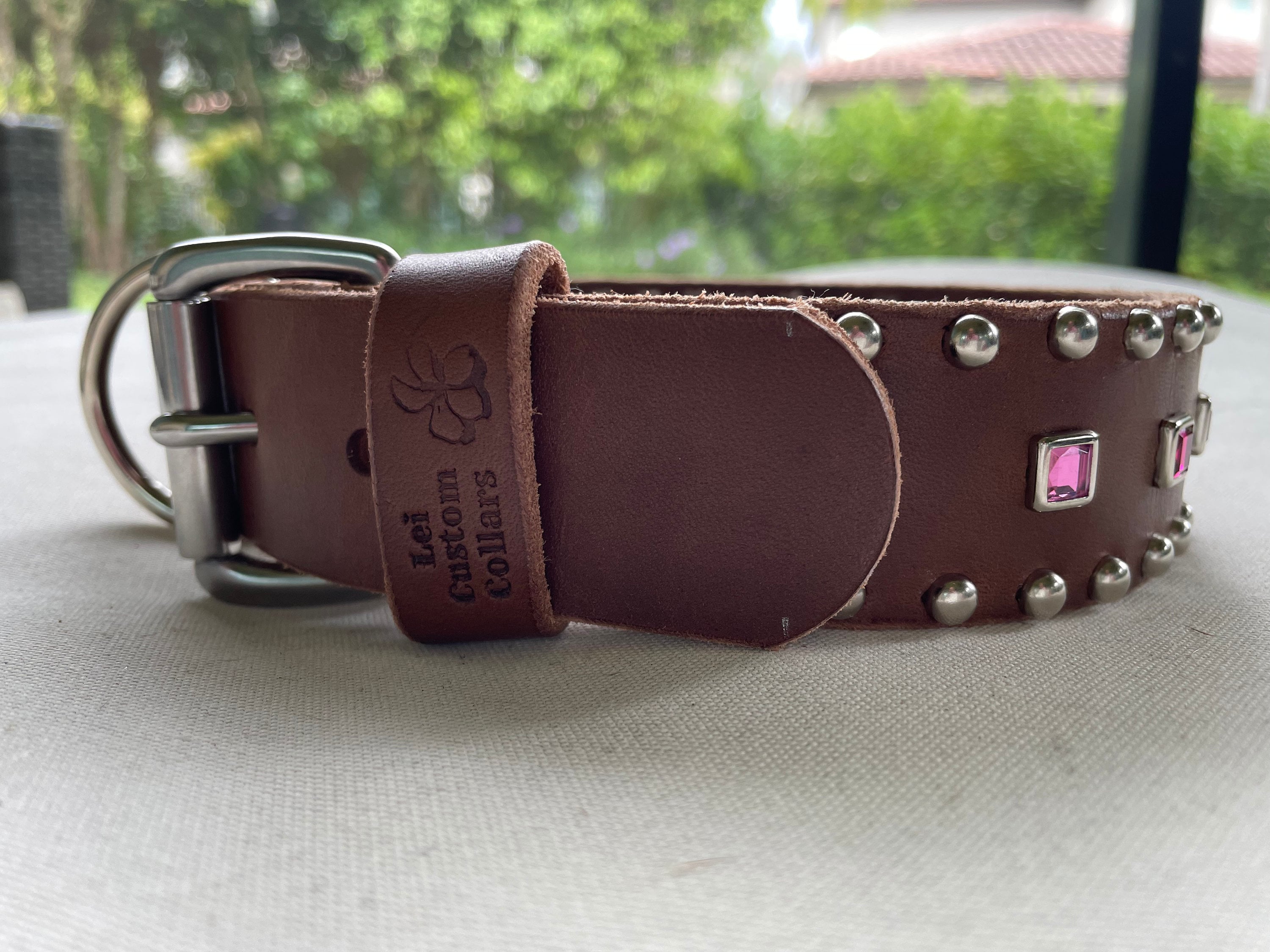 Baryte Square Jewel Leather Dog Collar – 1.5" Large Dog Collar with Nickel Nameplate