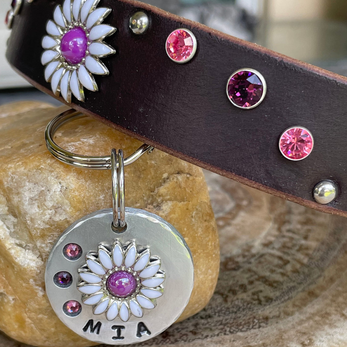 Dog collar with decorative elements and a matching tag on a stone surface