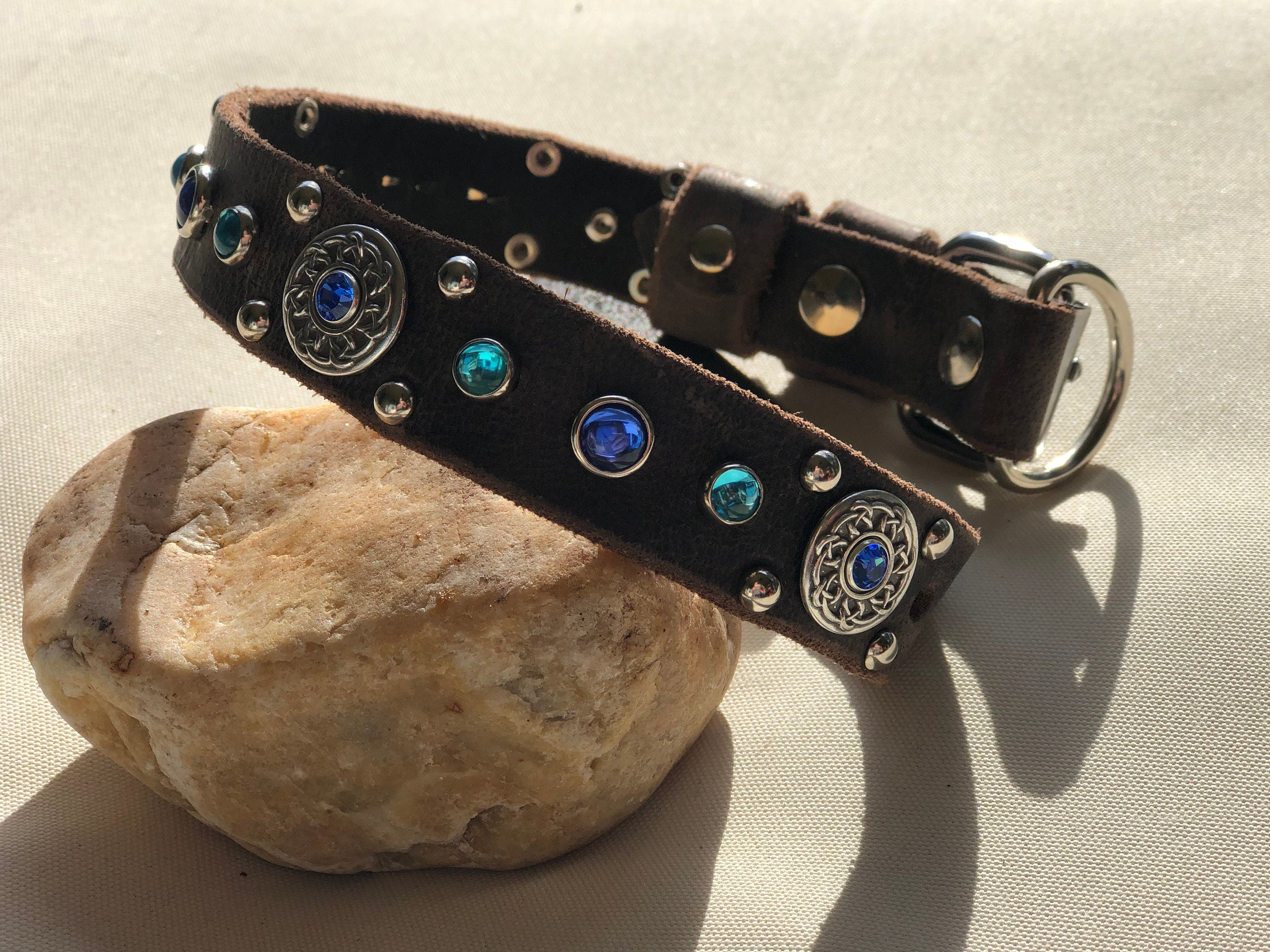 Grapevine Leather Dog Collar – 1" Celtic Concho Dog Collar with Crystals & Cabochons – Optional Nameplat