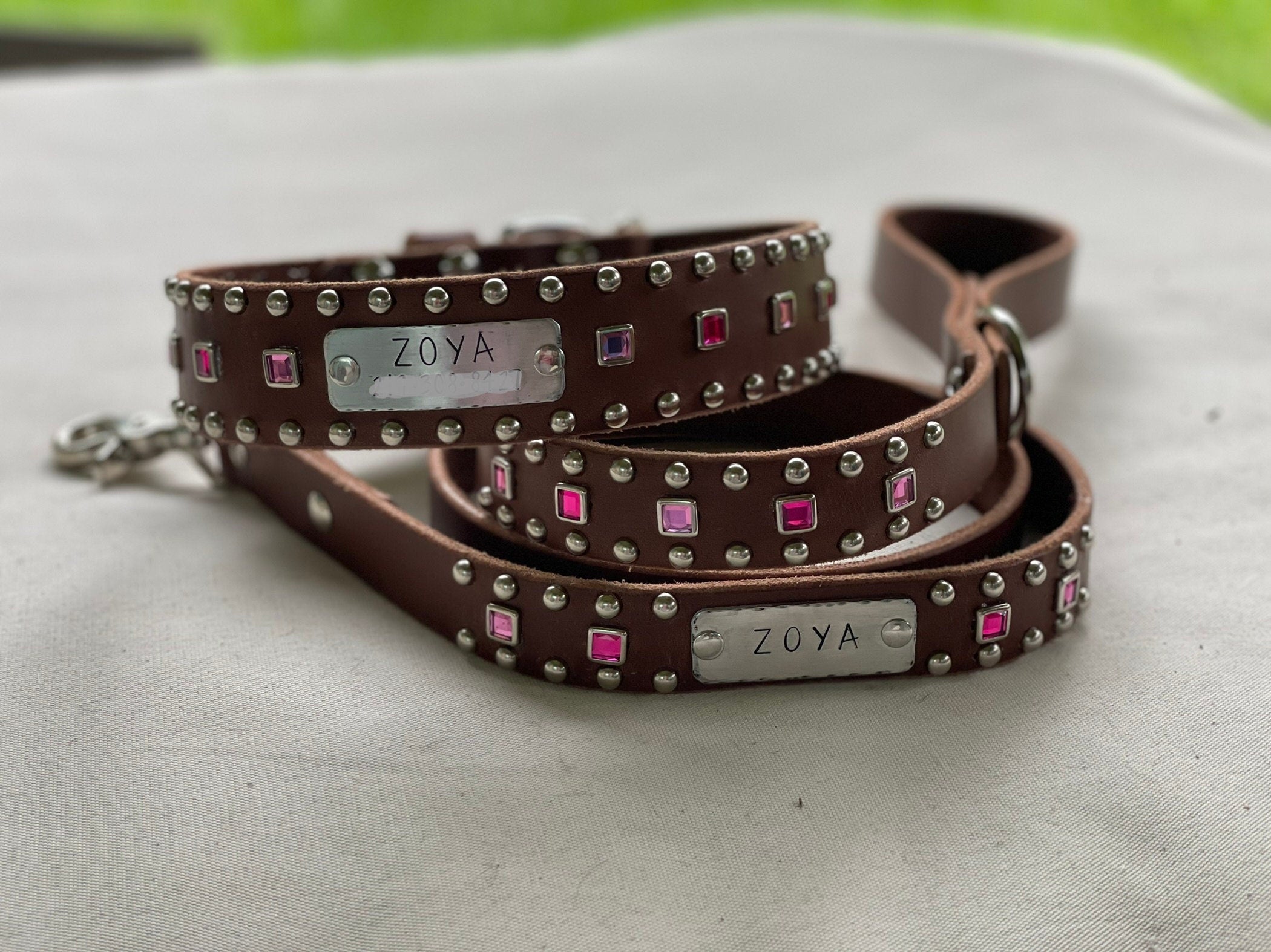 Baryte Square Jewel Leather Dog Collar – 1.5" Large Dog Collar with Nickel Nameplate