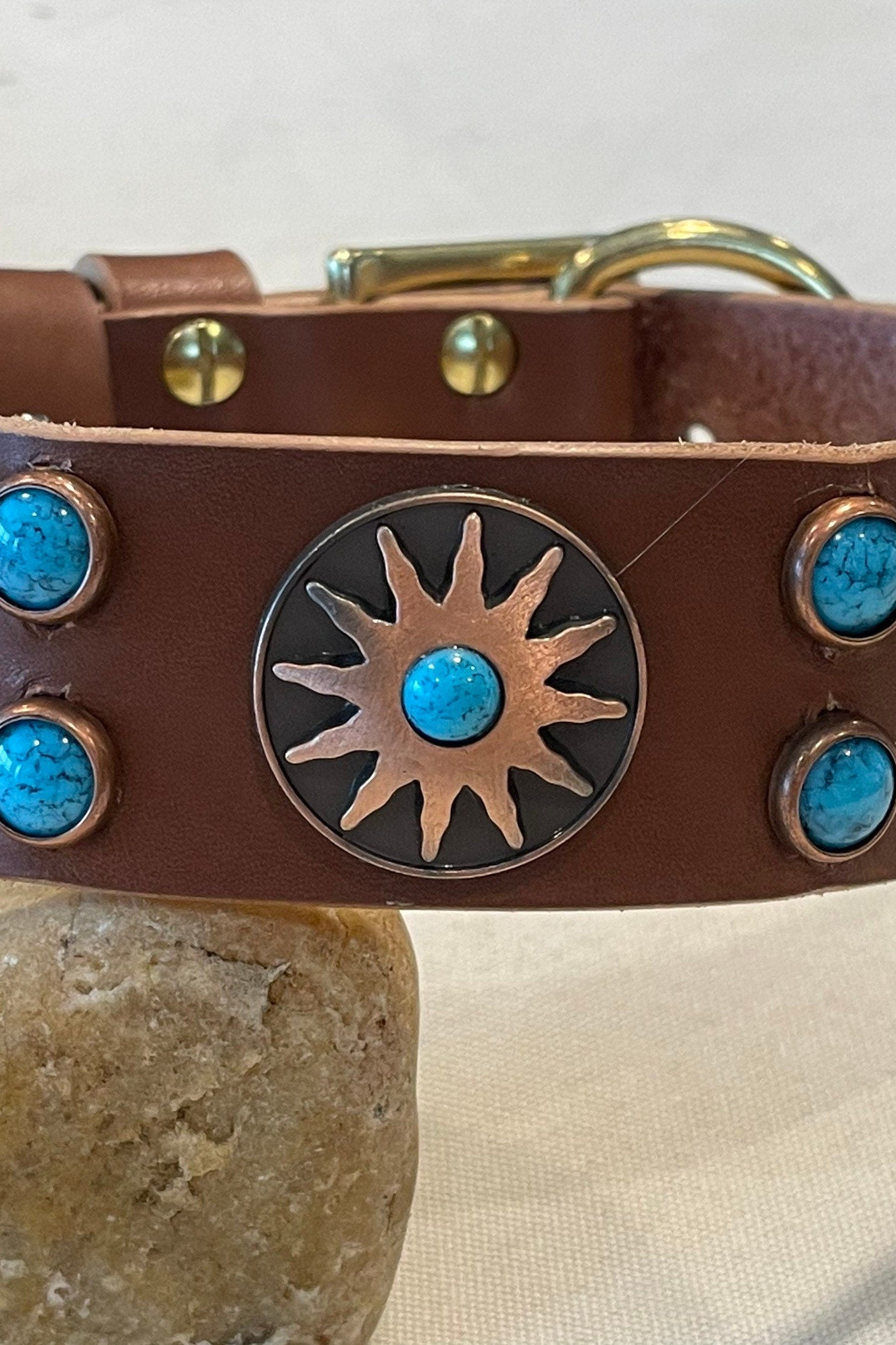 Western Native Sun Leather Dog Collar – 1.5" Turquoise & Copper Sun Concho Large Dog Collar