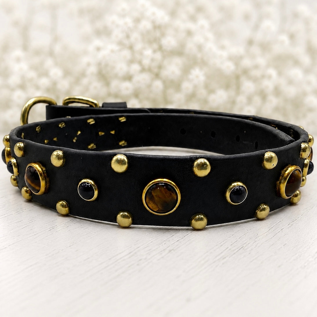 Tiger’s Eye & Onyx Leather Dog Collar – Handmade Natural Stone Dog Collar with Brass, Antique Brass, Nickel, or Matte Black Hardware