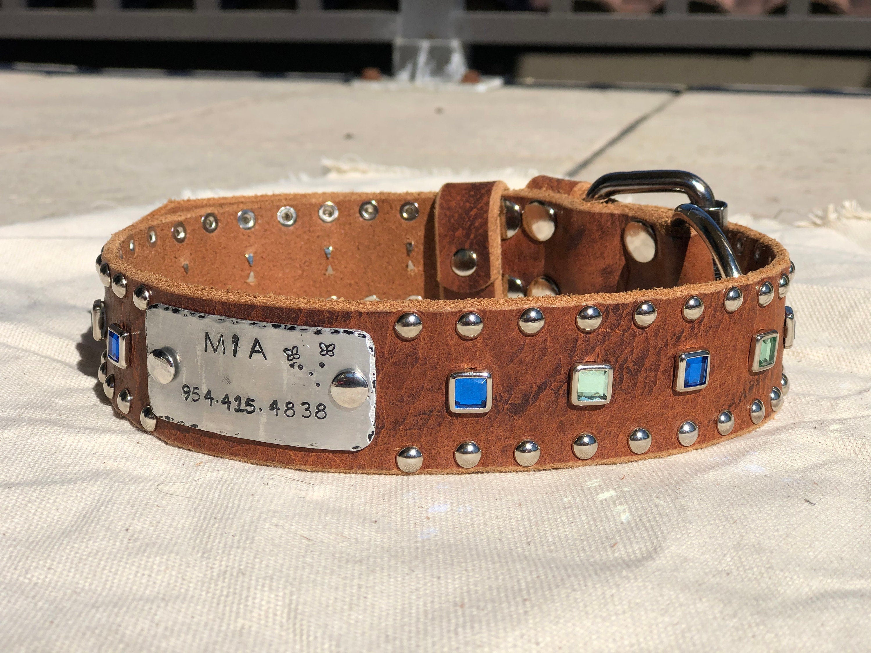 Baryte Square Jewel Leather Dog Collar – 1.5" Large Dog Collar with Nickel Nameplate