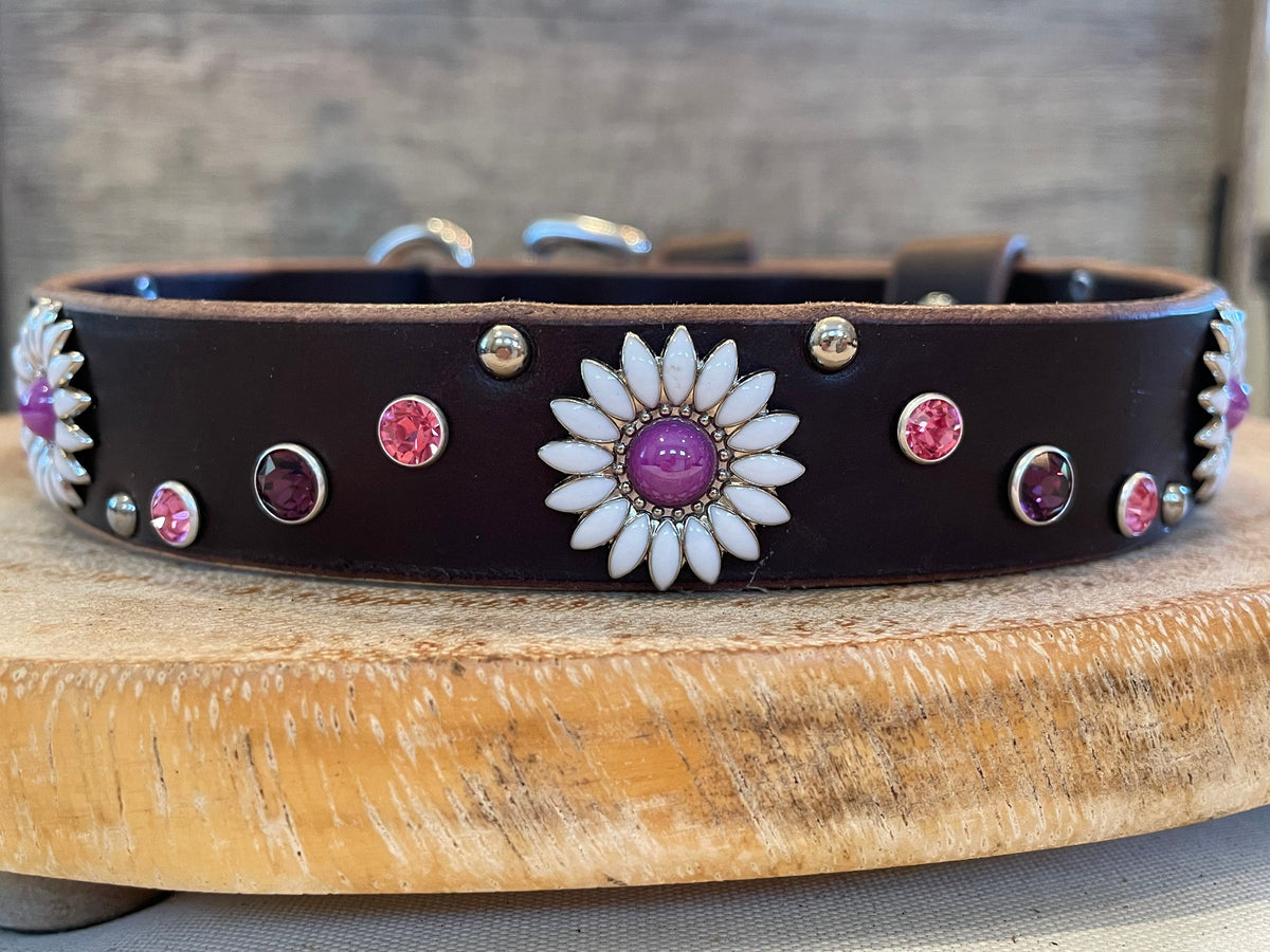 Daisy Crystal Leather Dog Collar – 1” Wide, Curved Crystal Design