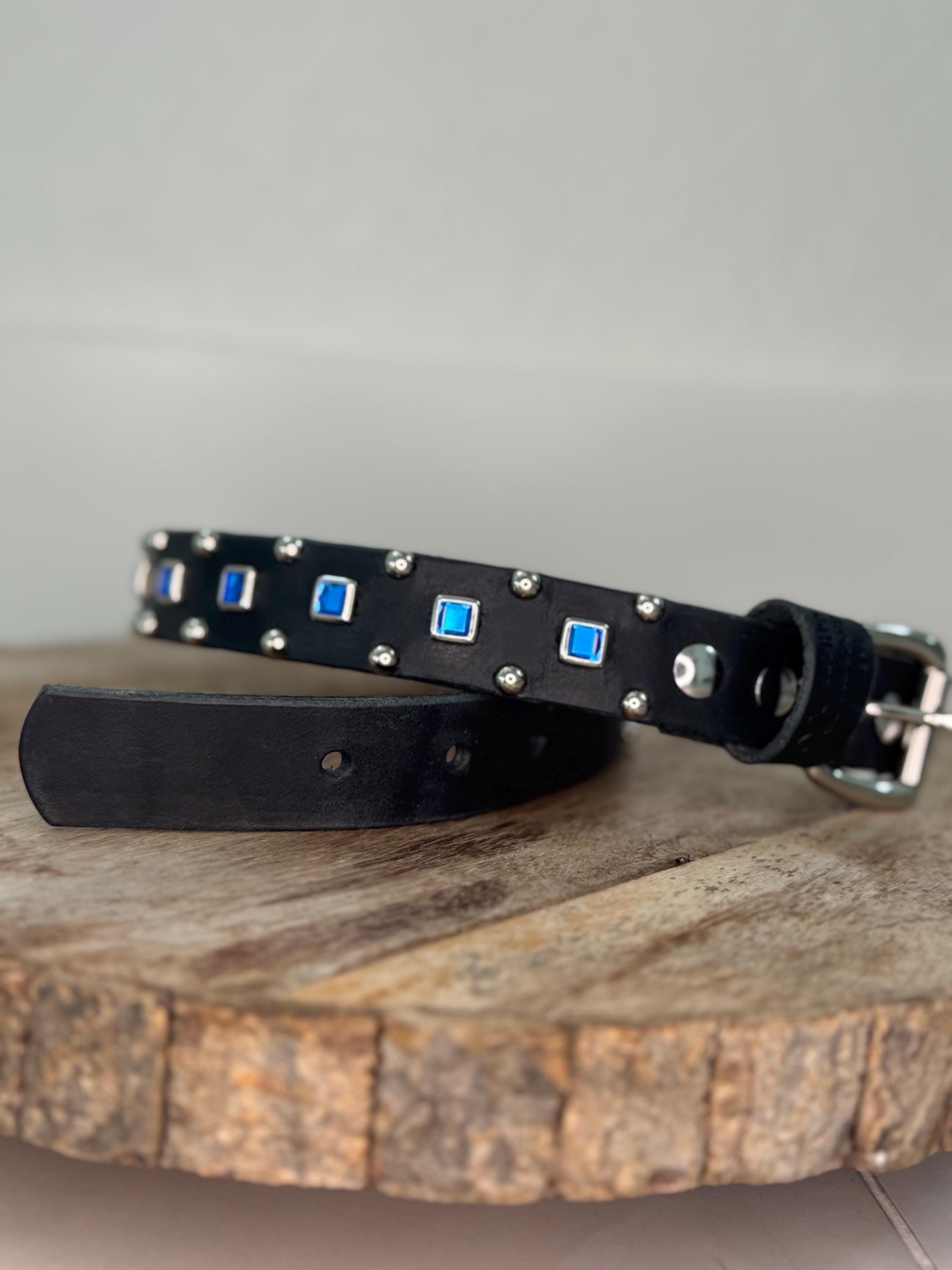 Baryte Square Jewel Leather Dog Collar – 1" Medium Dog Collar with Nickel Nameplate