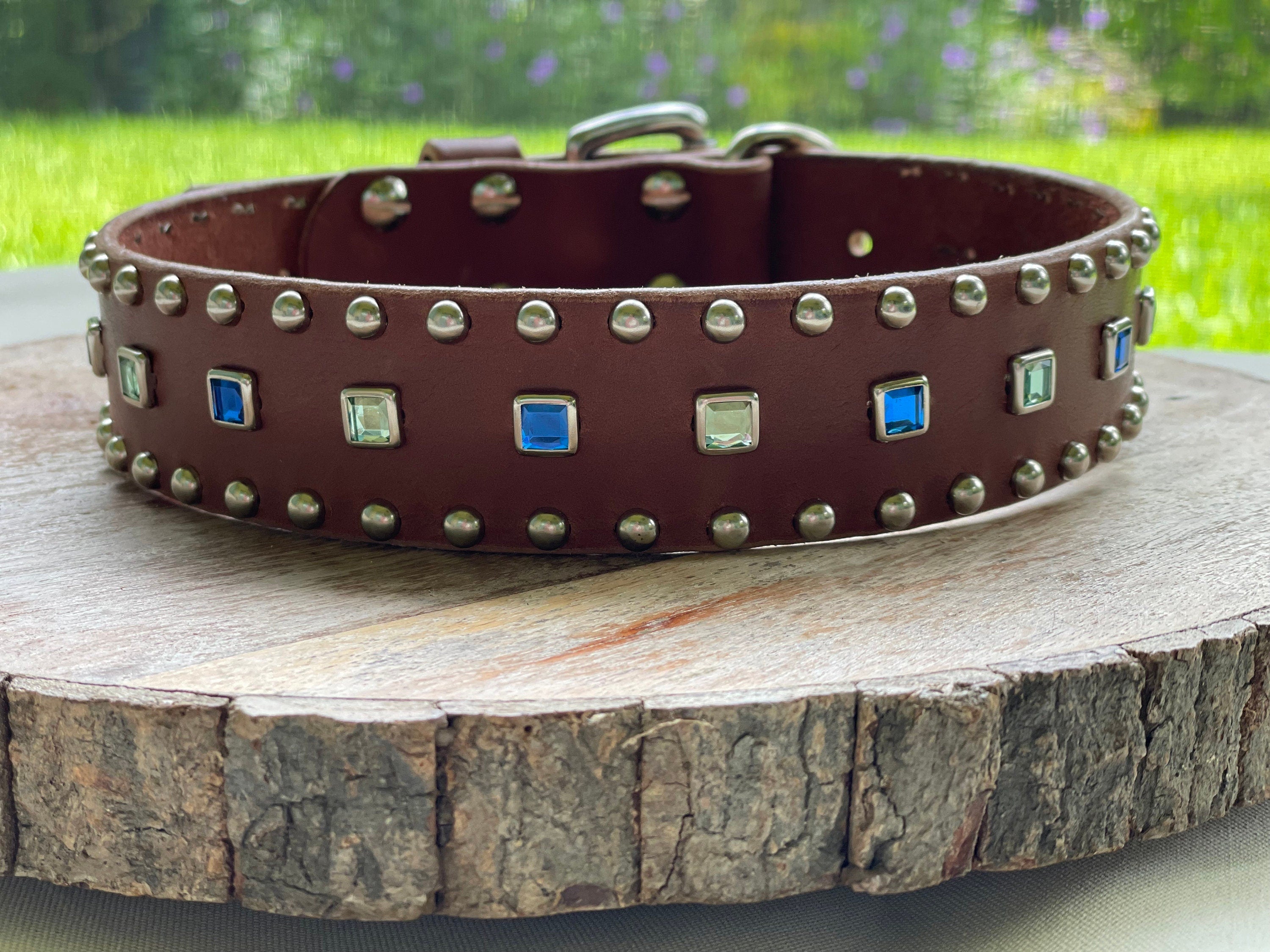 Baryte Square Jewel Leather Dog Collar – 1.5" Large Dog Collar with Nickel Nameplate