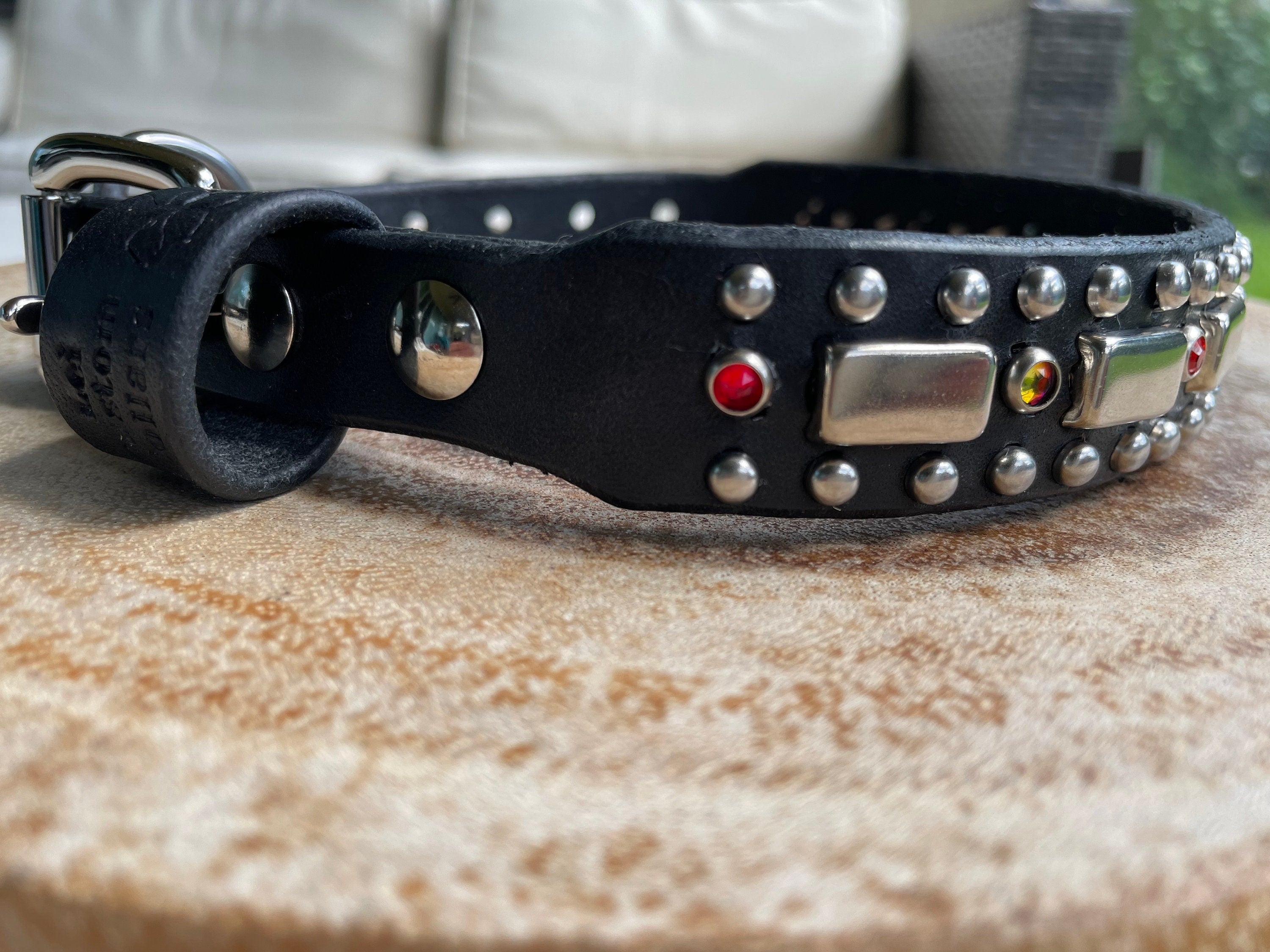 Attis Leather Dog Collar – 1" Crystal & Nickel Spots Statement Dog Collar – Optional Nameplate