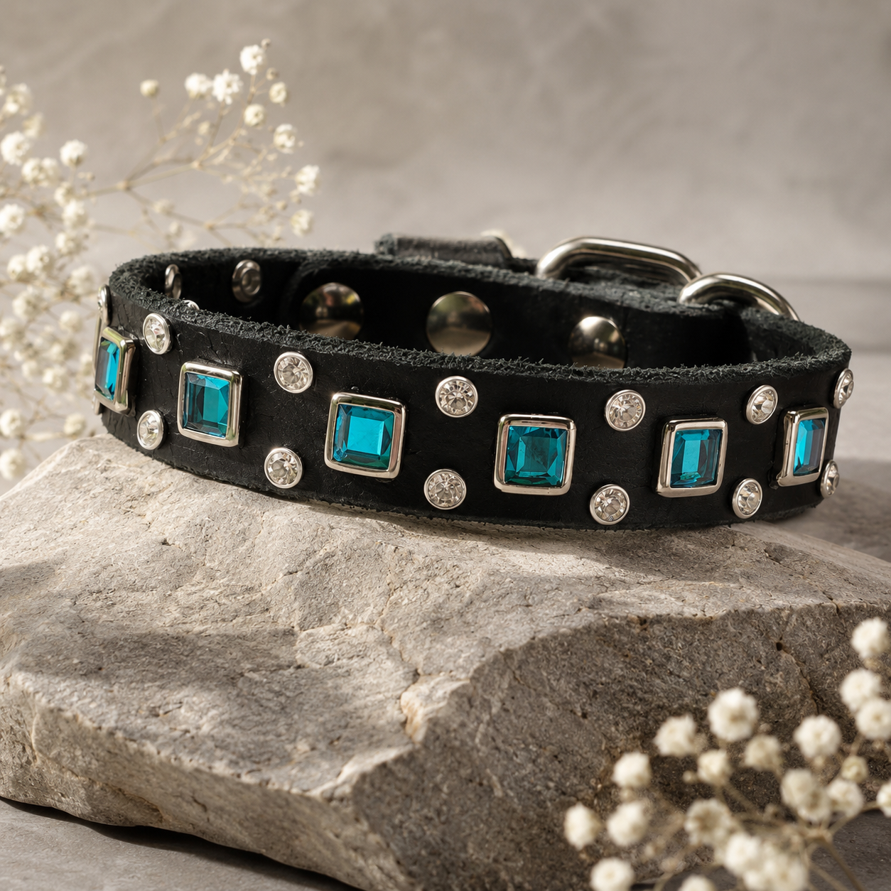 Baryte Square Jewel and crystal studs Leather Dog Collar – 3/4" Small Dog Collar with Nickel Nameplate