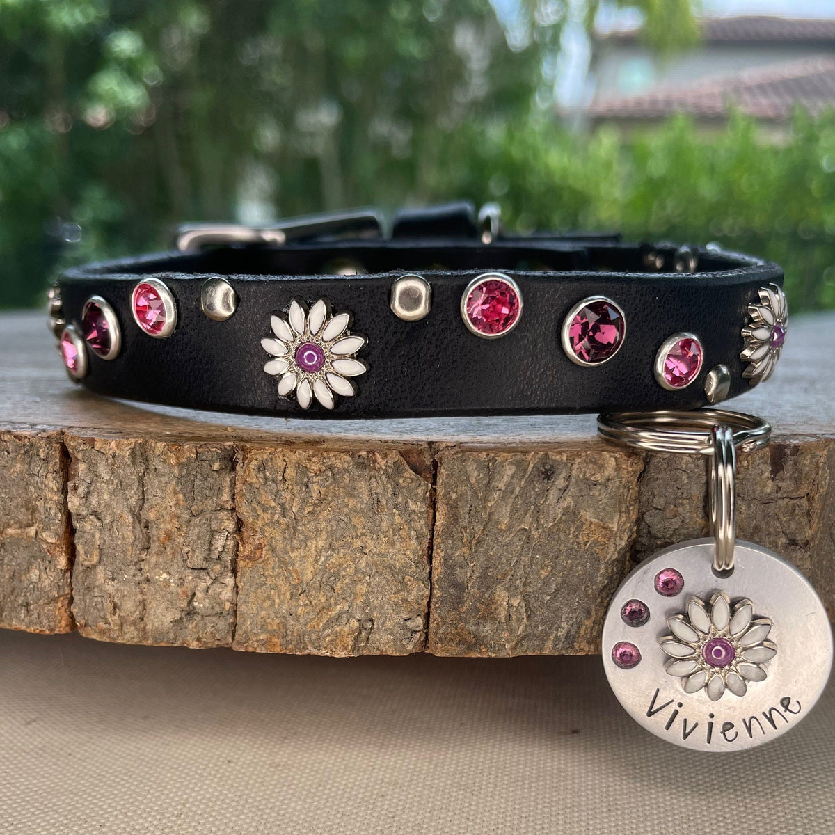 Daisy Crystal Leather Dog Collar – 5/8” Wide, Curved Crystal Design