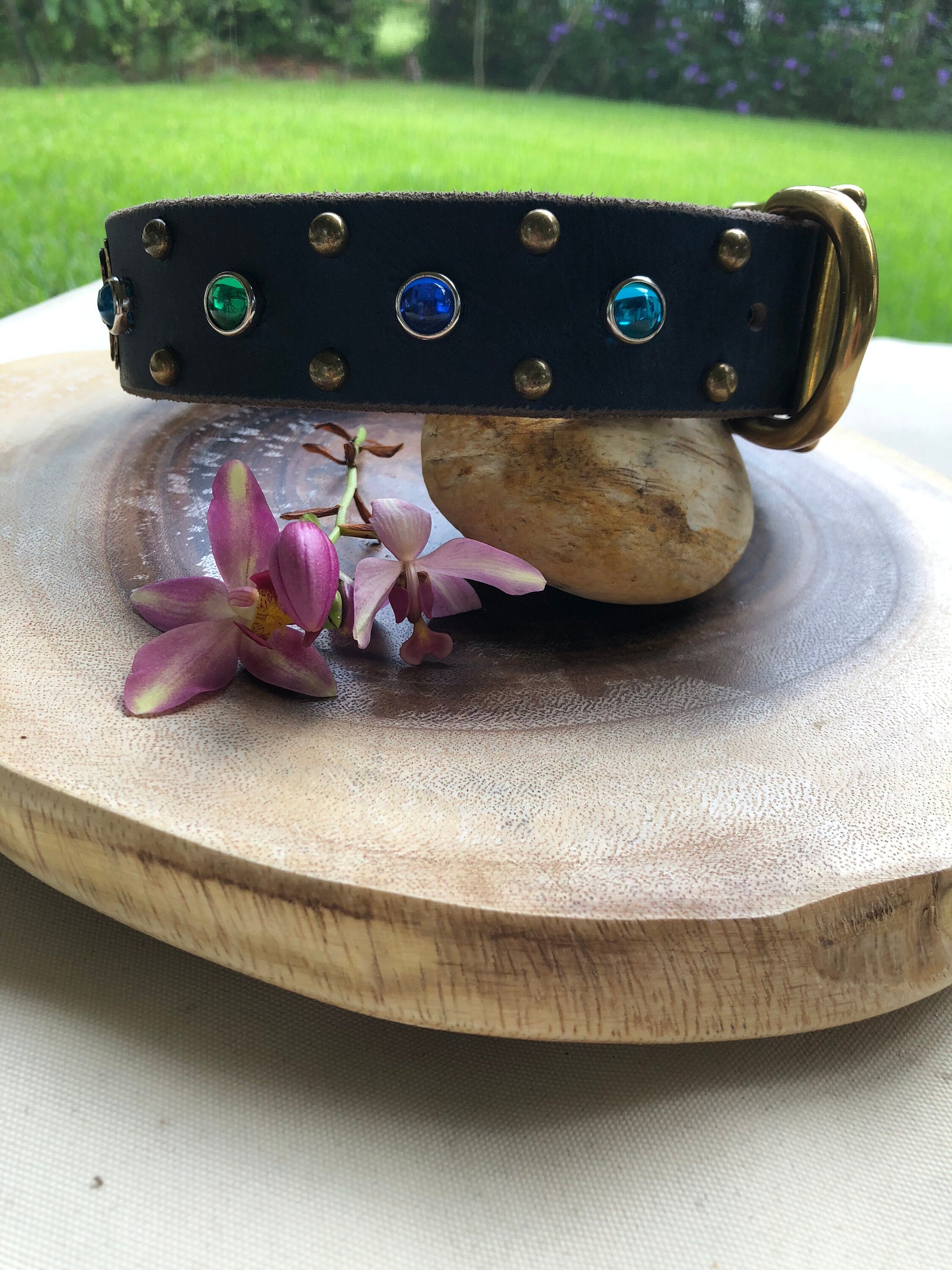 The Aurora Collar | 1.5" Jeweled Leather Dog Collar | Cabochon Collar | Large Dog Collar, Dog Lover Gift