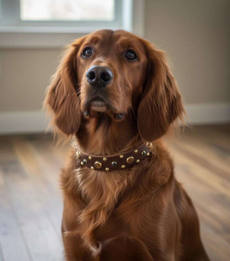 Tiger’s Eye & Onyx Leather Dog Collar – Handmade Natural Stone Dog Collar with Brass, Antique Brass, Nickel, or Matte Black Hardware