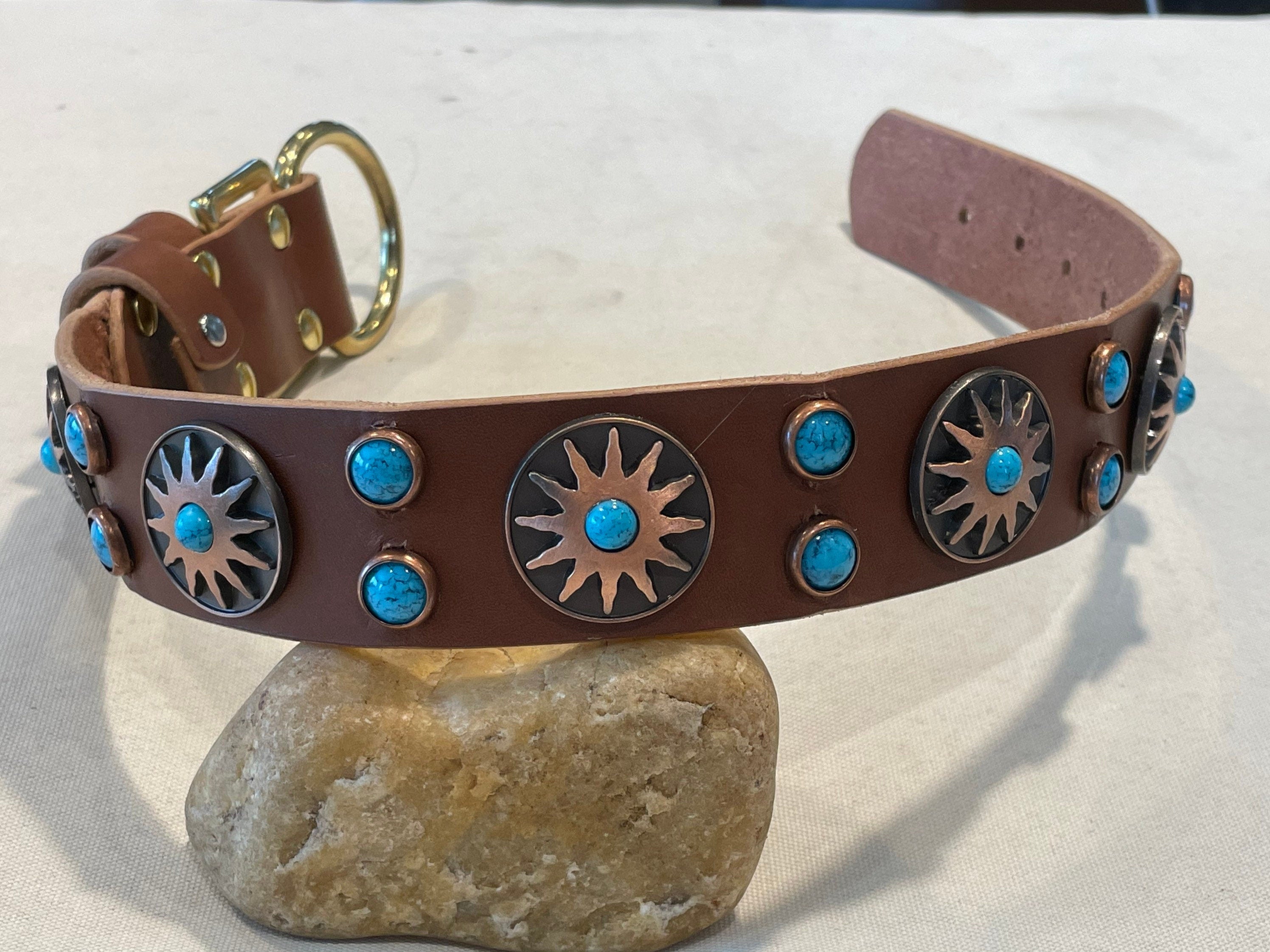 Western Native Sun Leather Dog Collar – 1.5" Turquoise & Copper Sun Concho Large Dog Collar