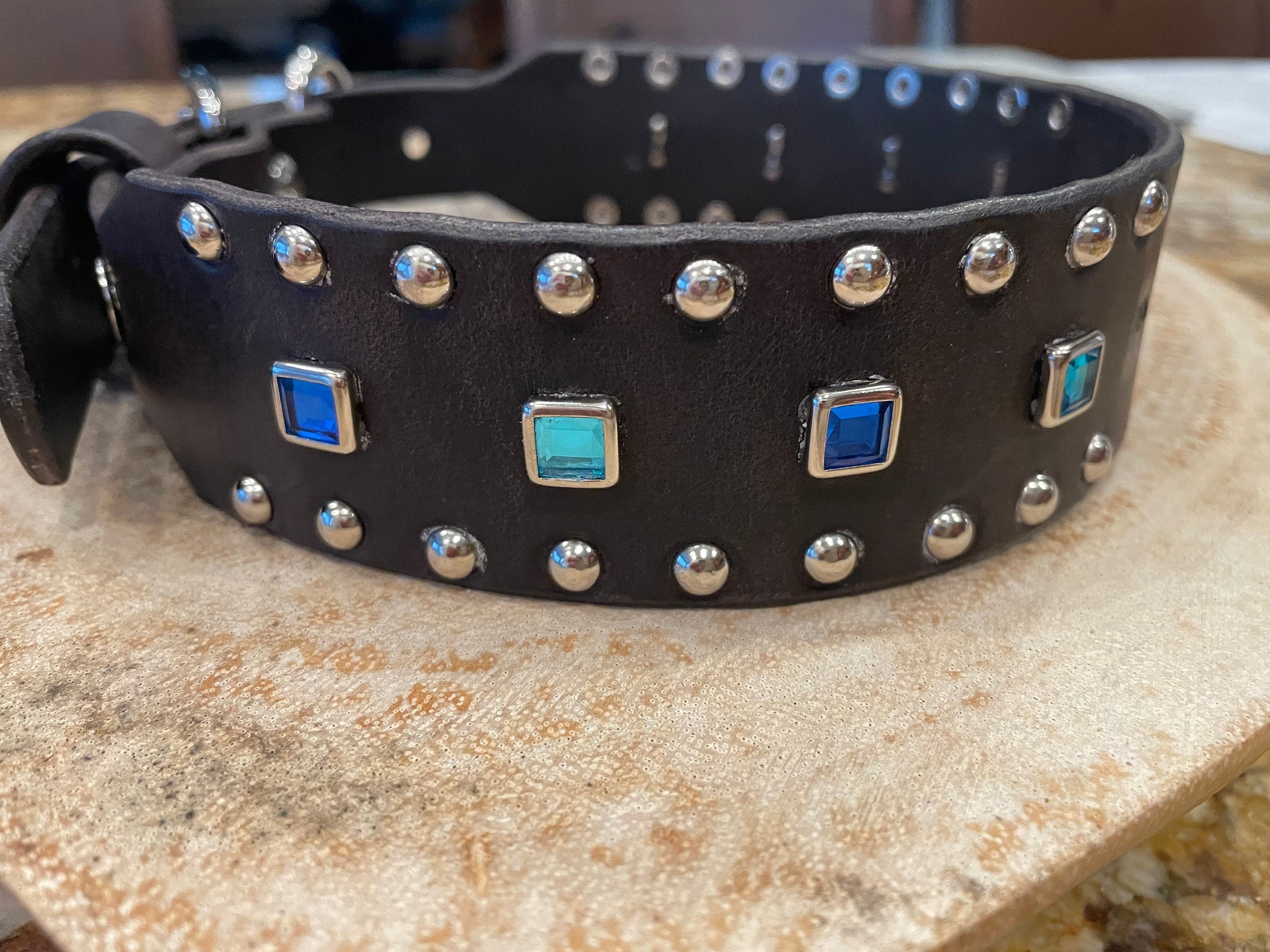 Baryte Square Jewel Leather Dog Collar – 1.5" Large Dog Collar with Nickel Nameplate