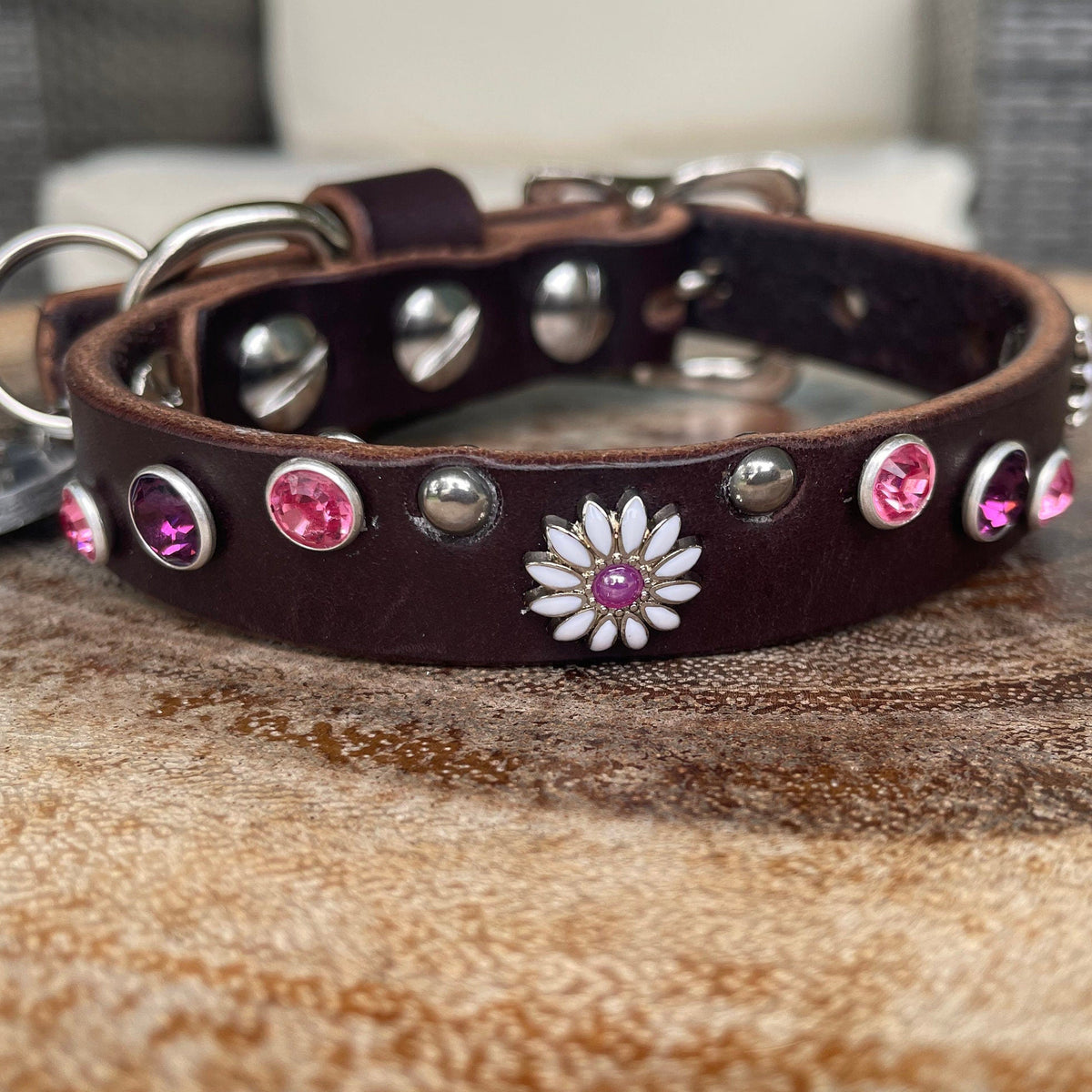 Daisy Crystal Leather Dog Collar – 5/8” Wide, Curved Crystal Design