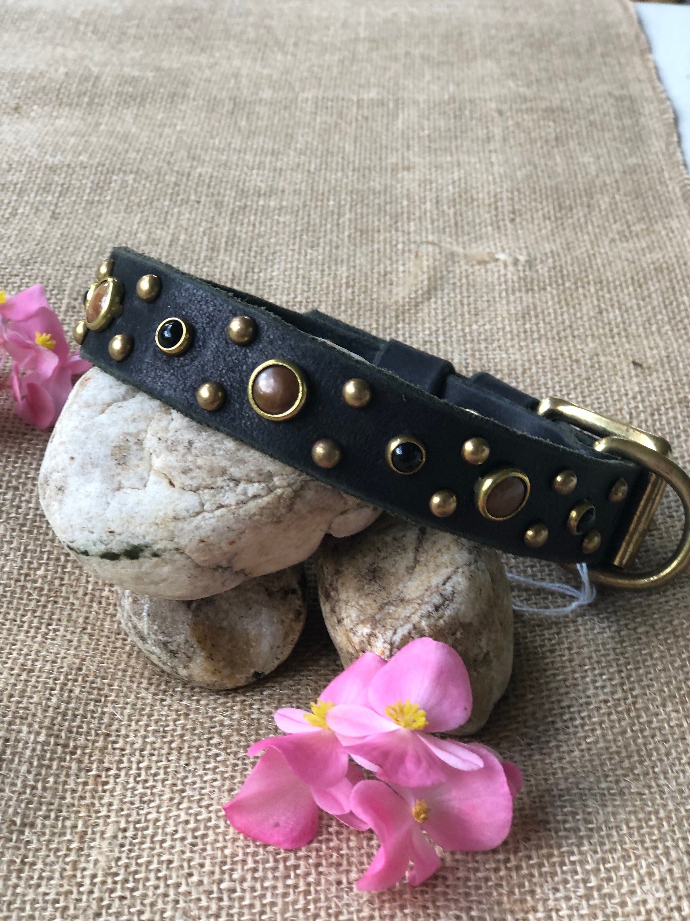 Tiger’s Eye & Onyx Leather Dog Collar – Handmade Natural Stone Dog Collar with Brass, Antique Brass, Nickel, or Matte Black Hardware