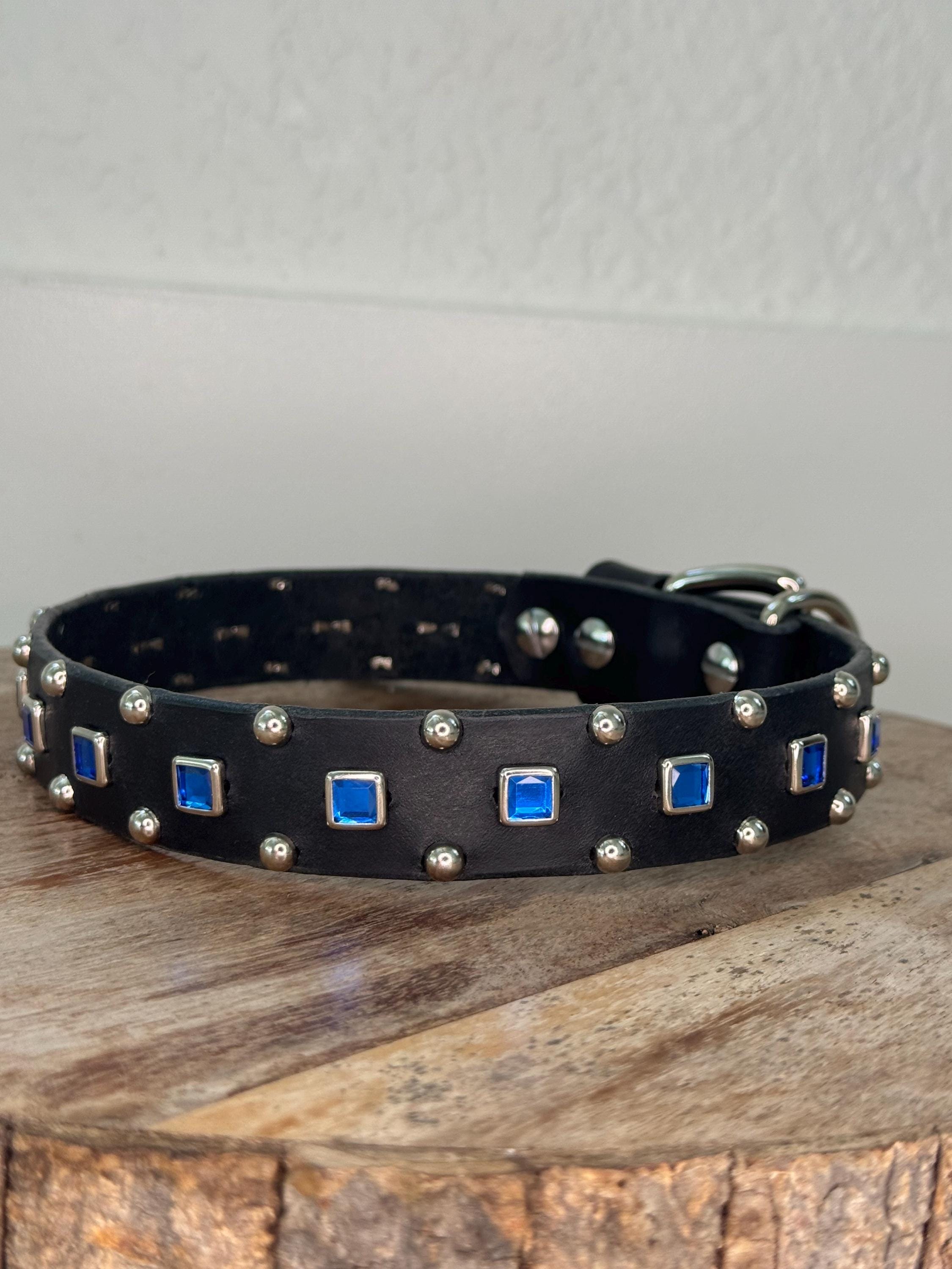 Baryte Square Jewel Leather Dog Collar – 1" Medium Dog Collar with Nickel Nameplate