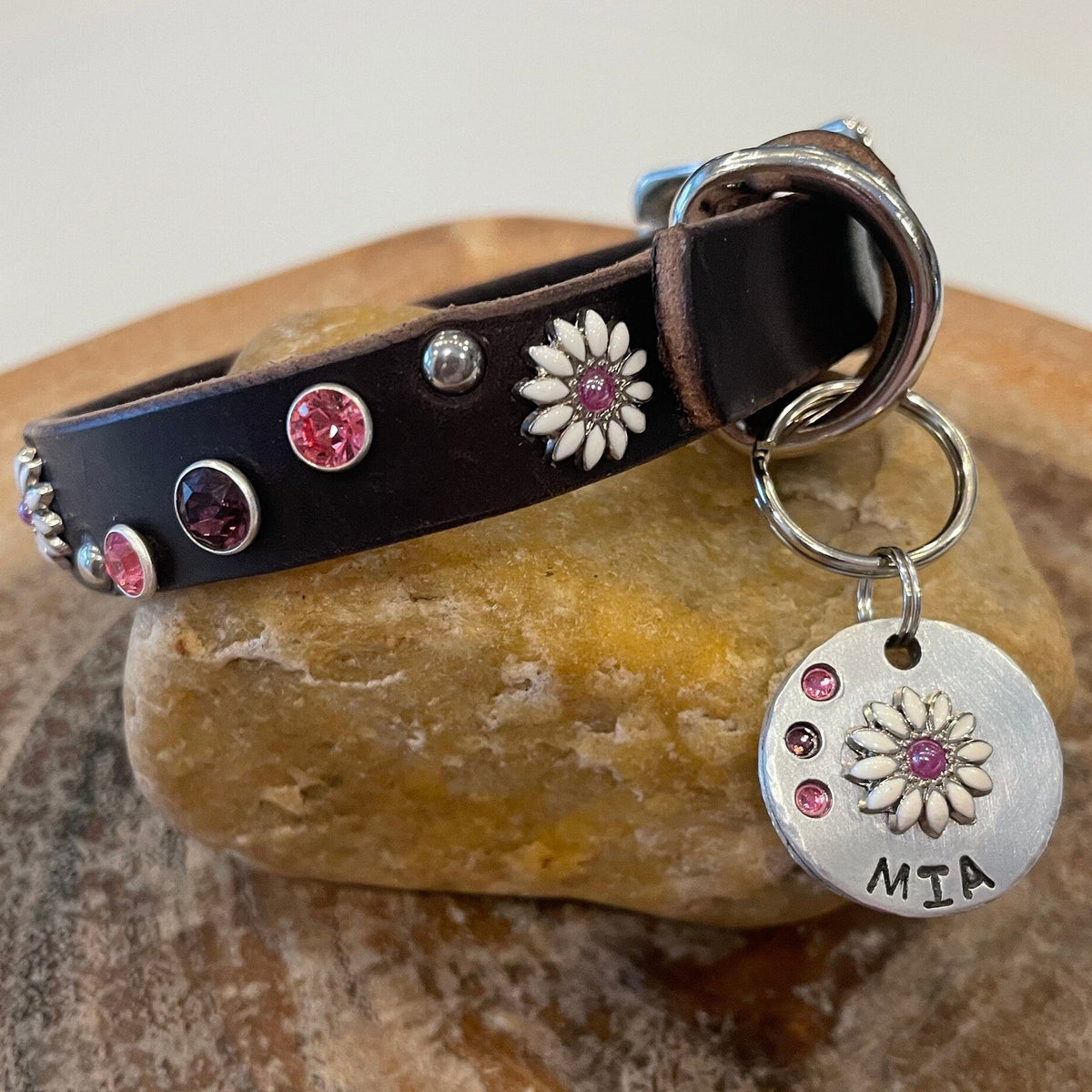 Daisy Crystal Leather Dog Collar – 5/8” Wide, Curved Crystal Design