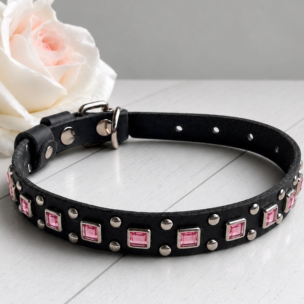 Baryte Square Jewel Leather Dog Collar – 3/4" Small Dog Collar with Nickel Nameplate