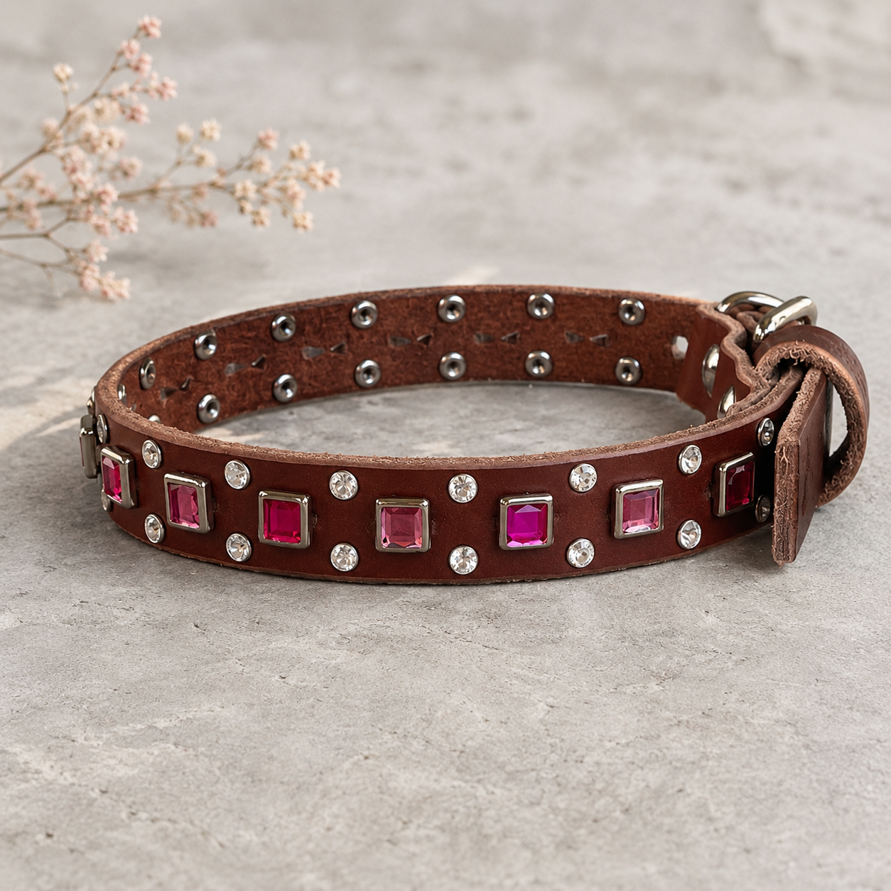 Baryte Square Jewel and crystal studs Leather Dog Collar – 3/4" Small Dog Collar with Nickel Nameplate