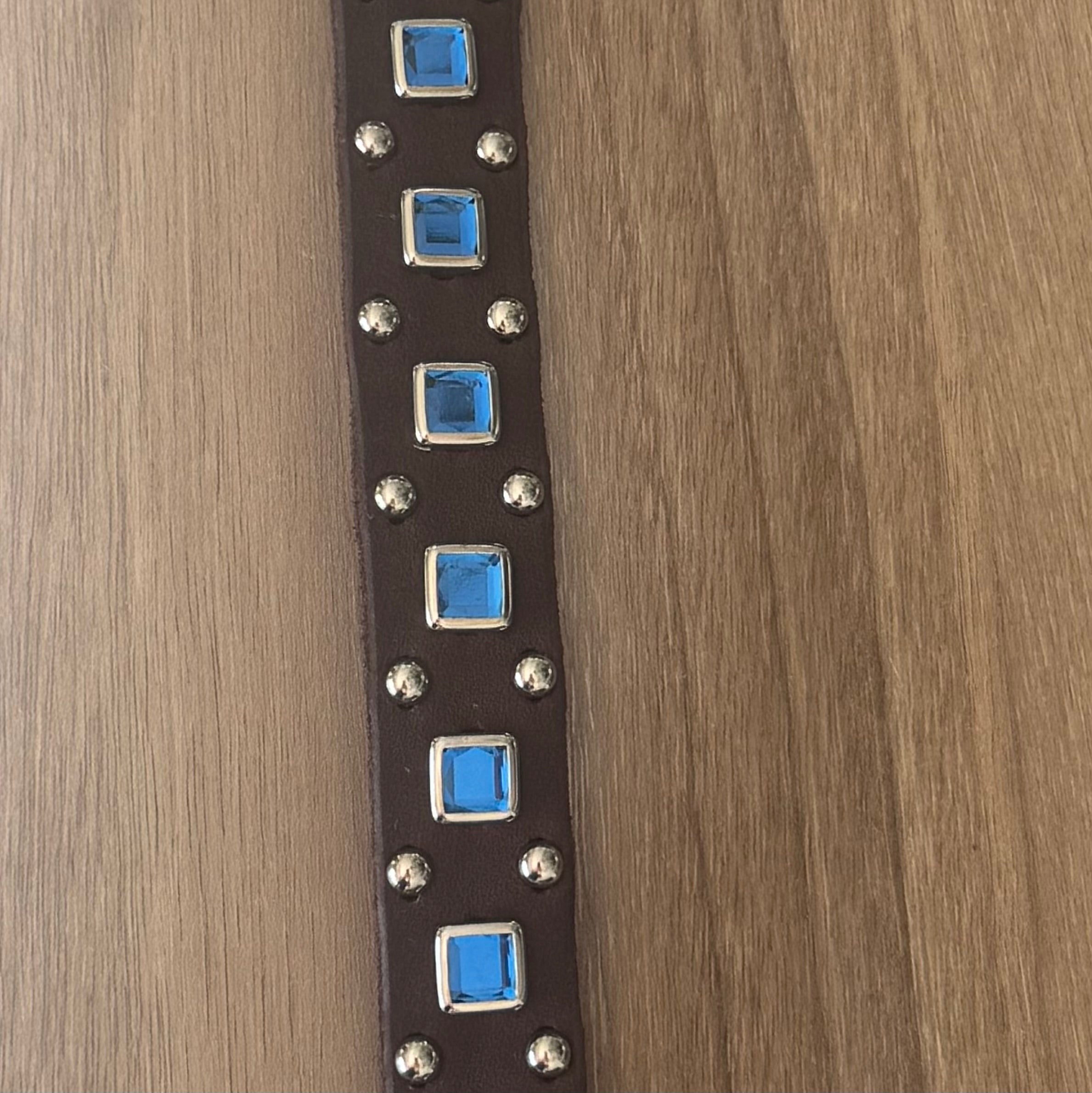 Baryte Square Jewel Leather Dog Collar – 3/4" Small Dog Collar with Nickel Nameplate