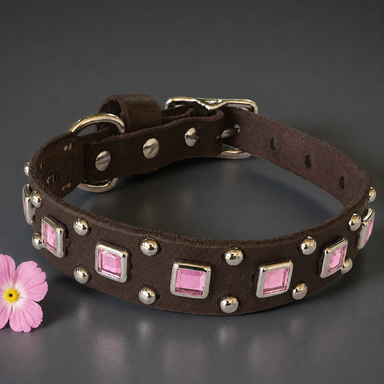 Baryte Square Jewel Leather Dog Collar – 3/4" Small Dog Collar with Nickel Nameplate
