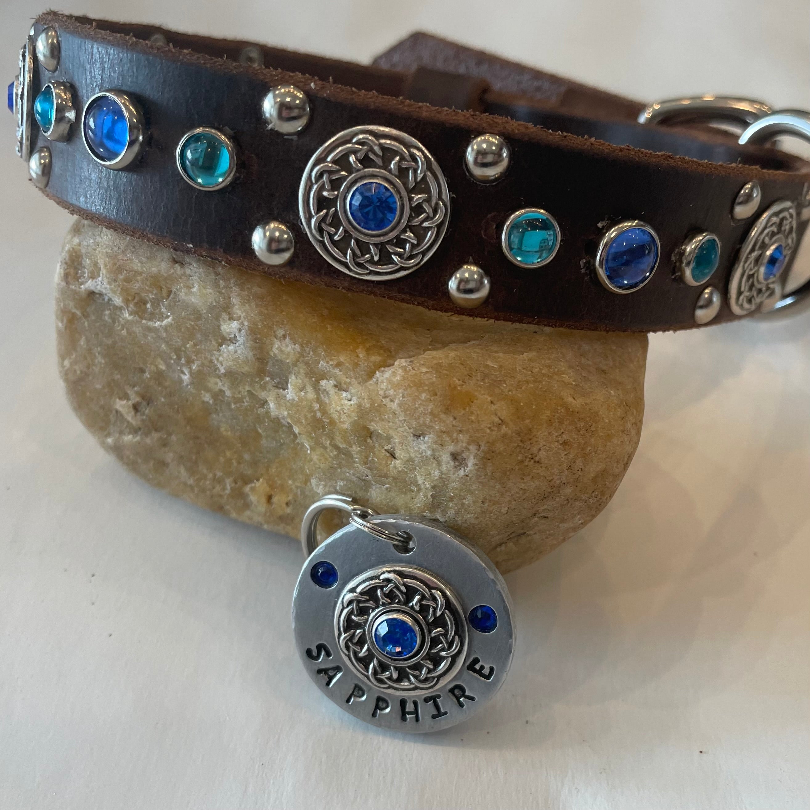 Grapevine Leather Dog Collar – 1" Celtic Concho Dog Collar with Crystals & Cabochons – Optional Nameplat