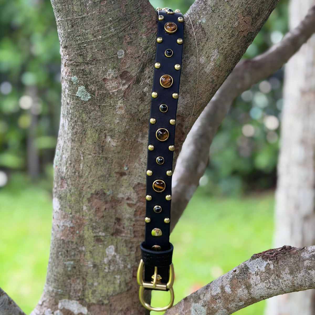 Tiger’s Eye & Onyx Leather Dog Collar – Handmade Natural Stone Dog Collar with Brass, Antique Brass, Nickel, or Matte Black Hardware