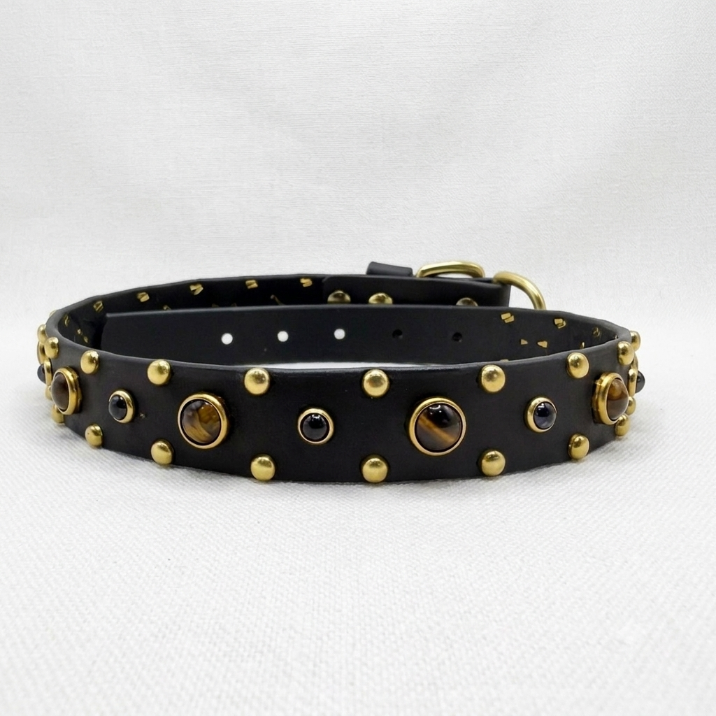 Tiger’s Eye & Onyx Leather Dog Collar – Handmade Natural Stone Dog Collar with Brass, Antique Brass, Nickel, or Matte Black Hardware