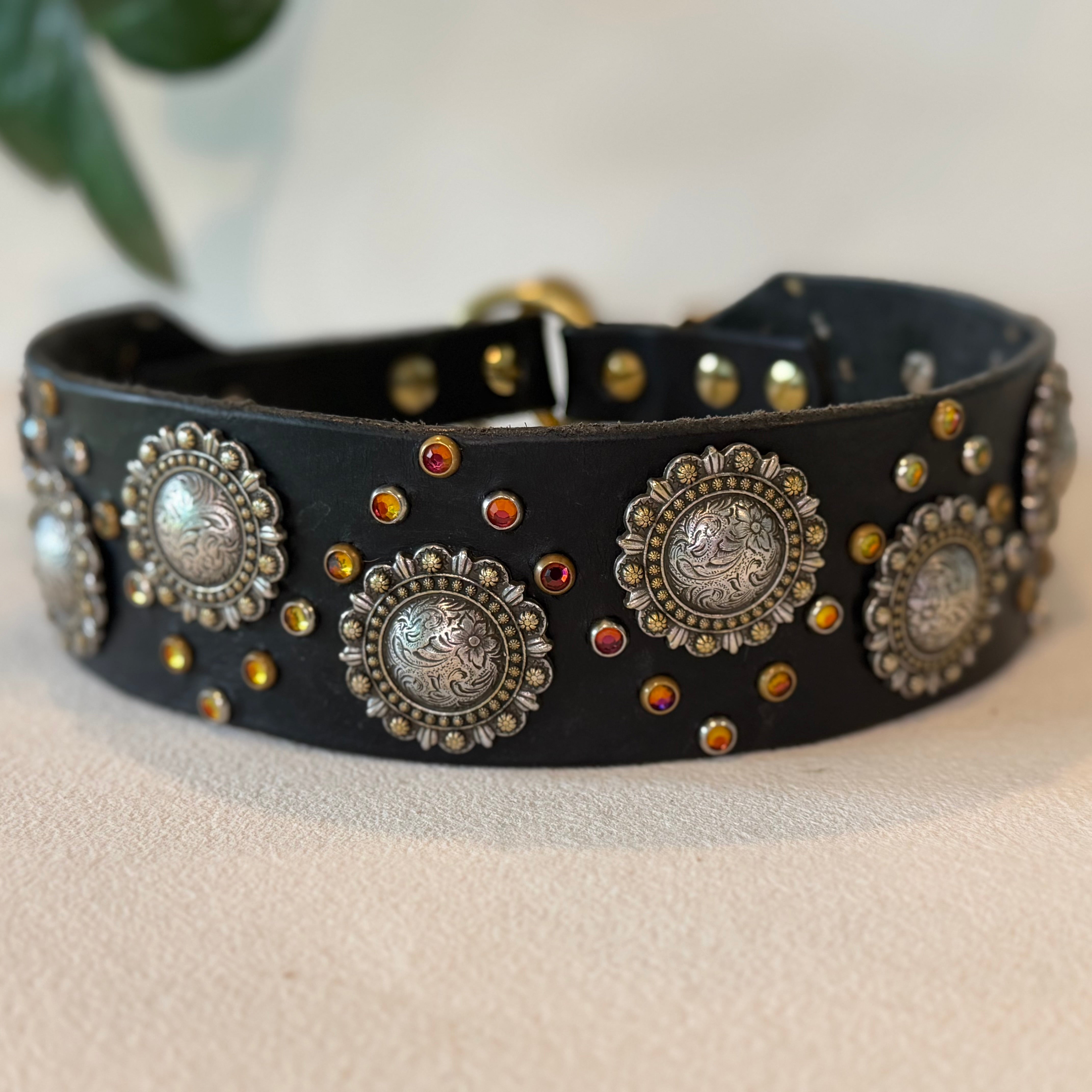 2" Berry Concho Swarovski Crystal Leather Dog Collar