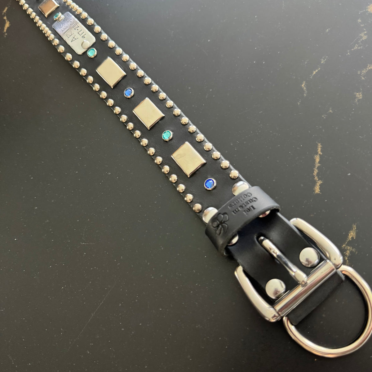 Attis Leather Dog Collar – 1.5" Crystal & Nickel Spots Statement Dog Collar with Personalized Nickel Nameplate