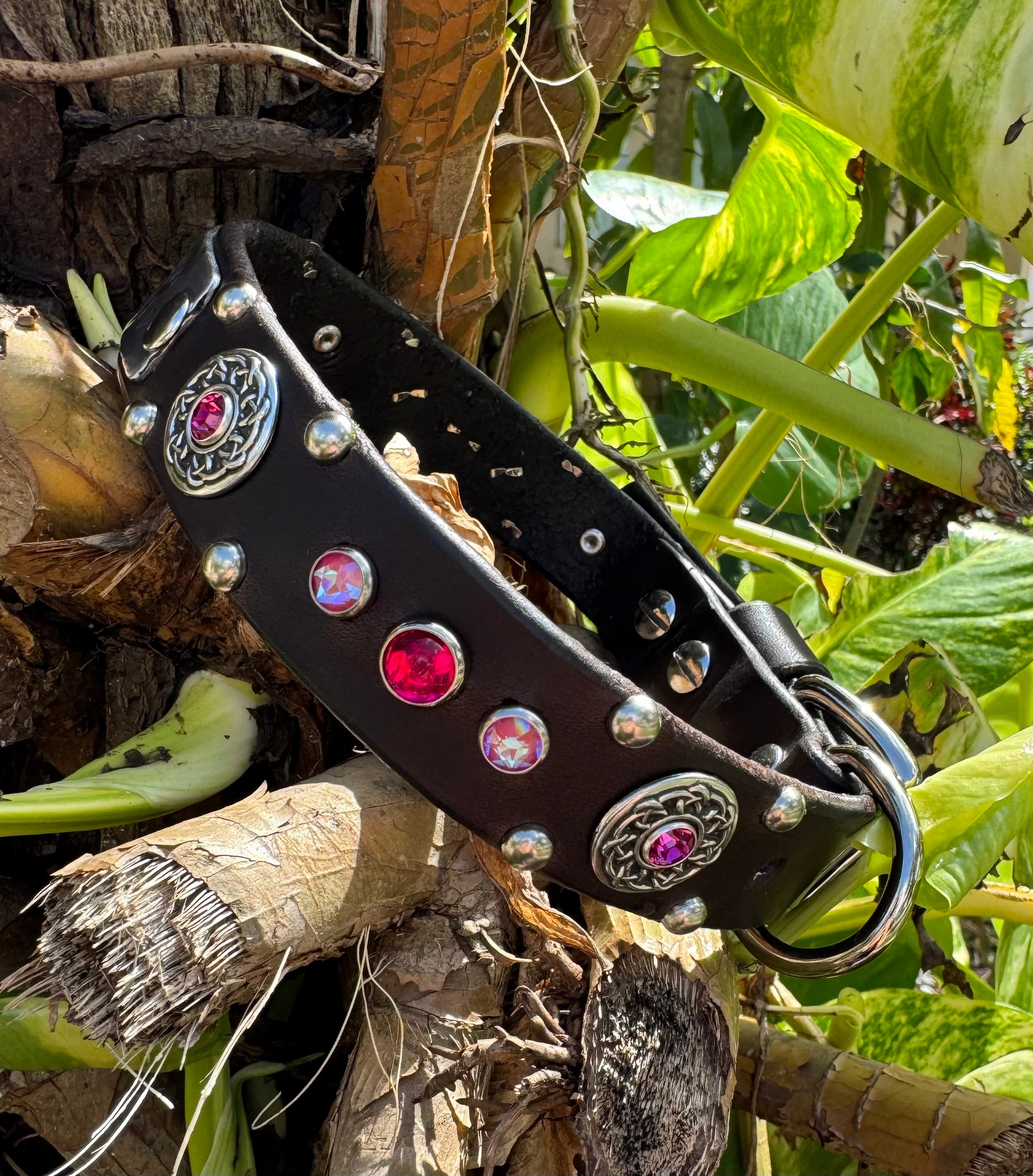 Grapevine Leather Dog Collar – 1" Celtic Concho Dog Collar with Crystals & Cabochons – Optional Nameplat