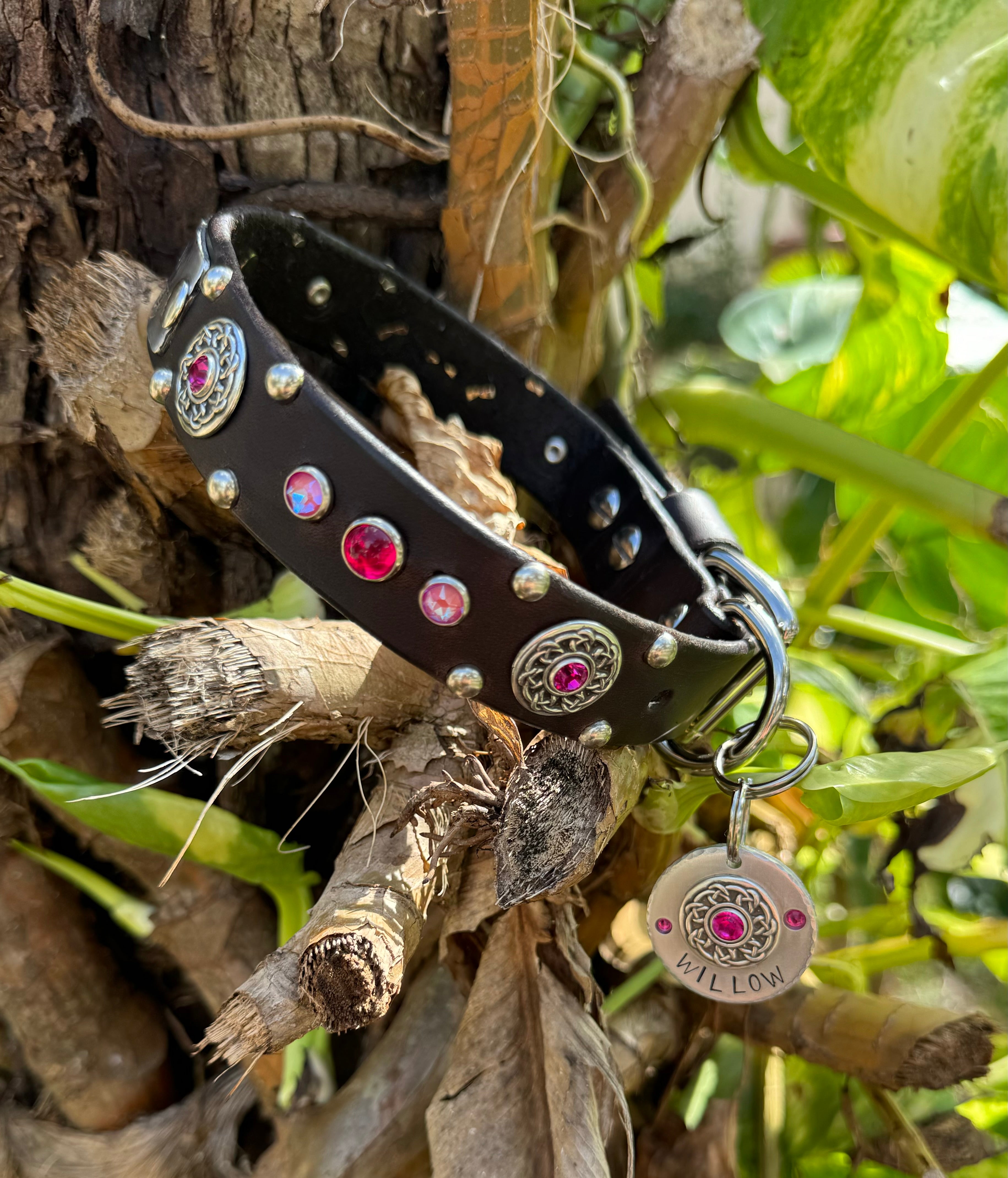 Grapevine Leather Dog Collar – 1" Celtic Concho Dog Collar with Crystals & Cabochons – Optional Nameplat