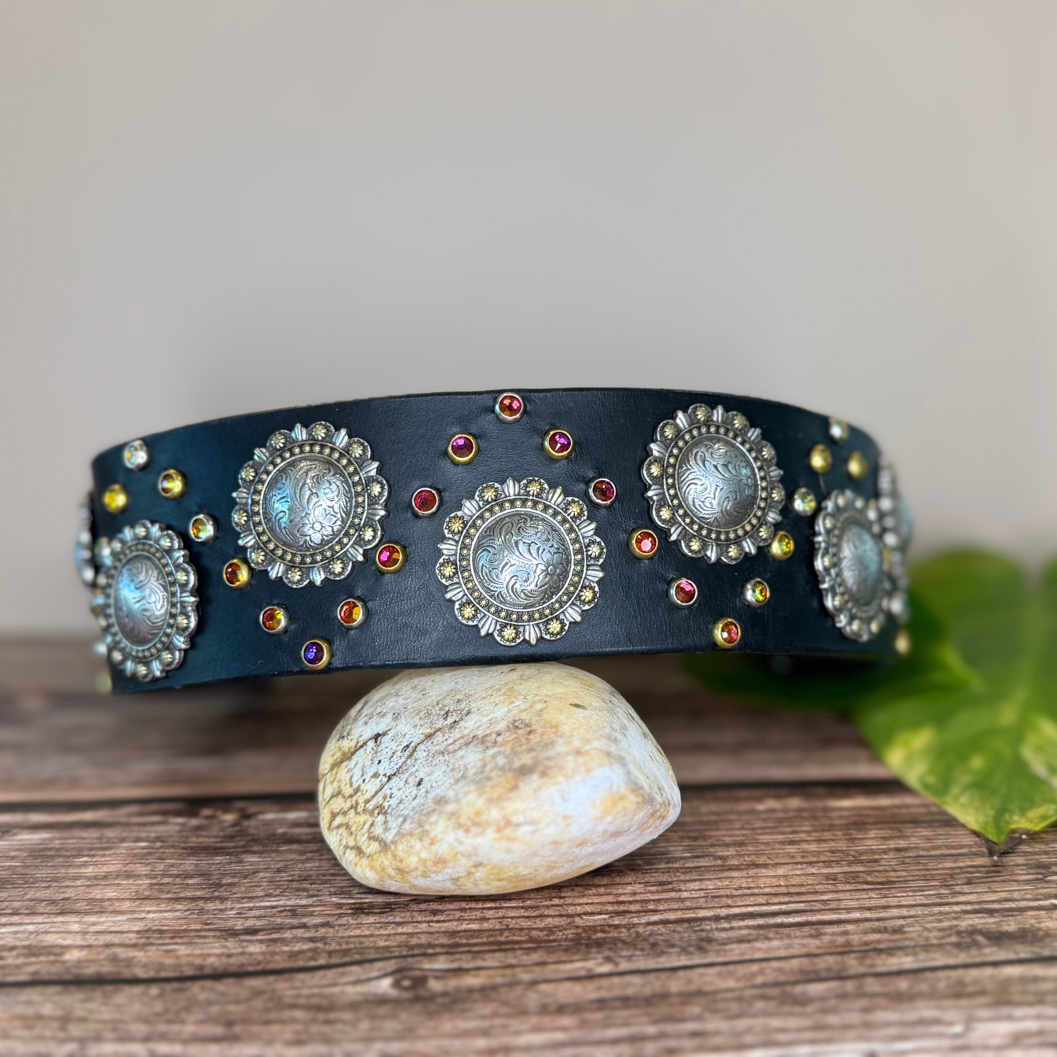 2" Berry Concho Swarovski Crystal Leather Dog Collar