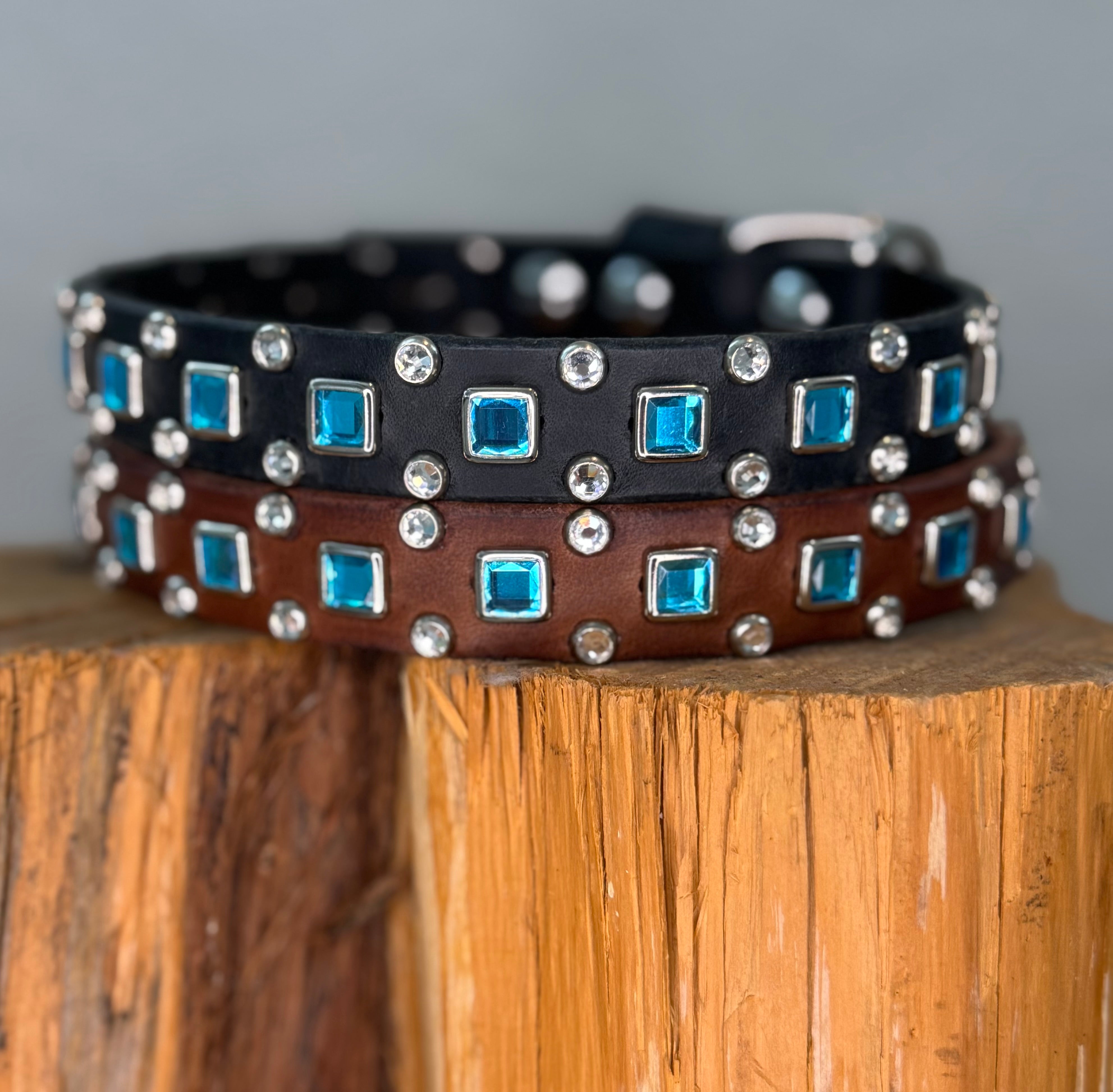 Baryte Square Jewel and crystal studs Leather Dog Collar – 3/4" Small Dog Collar with Nickel Nameplate