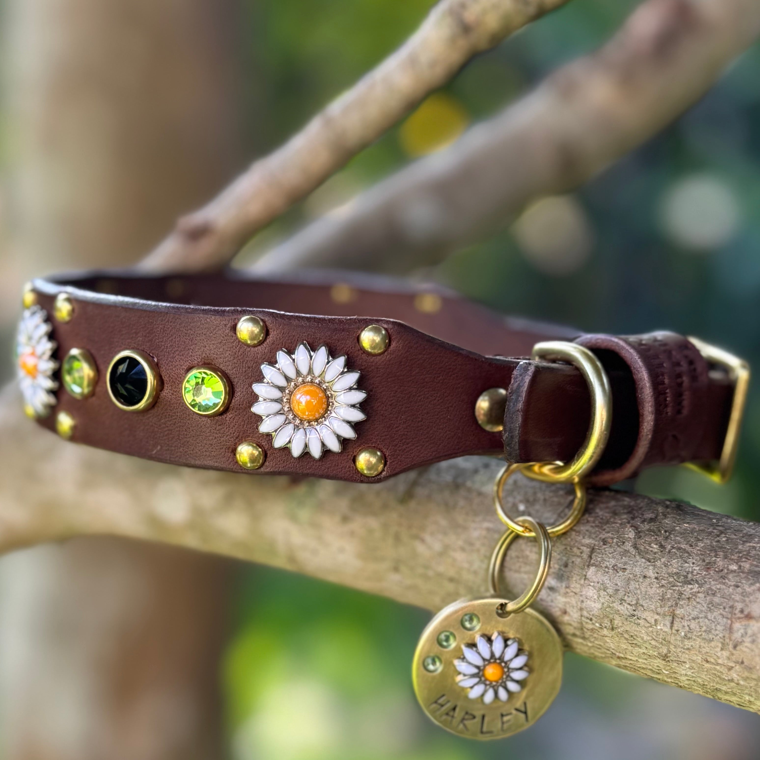 The Daisy Collar – 1" Leather Dog Collar | Cabochon Crystal Daisy Concho