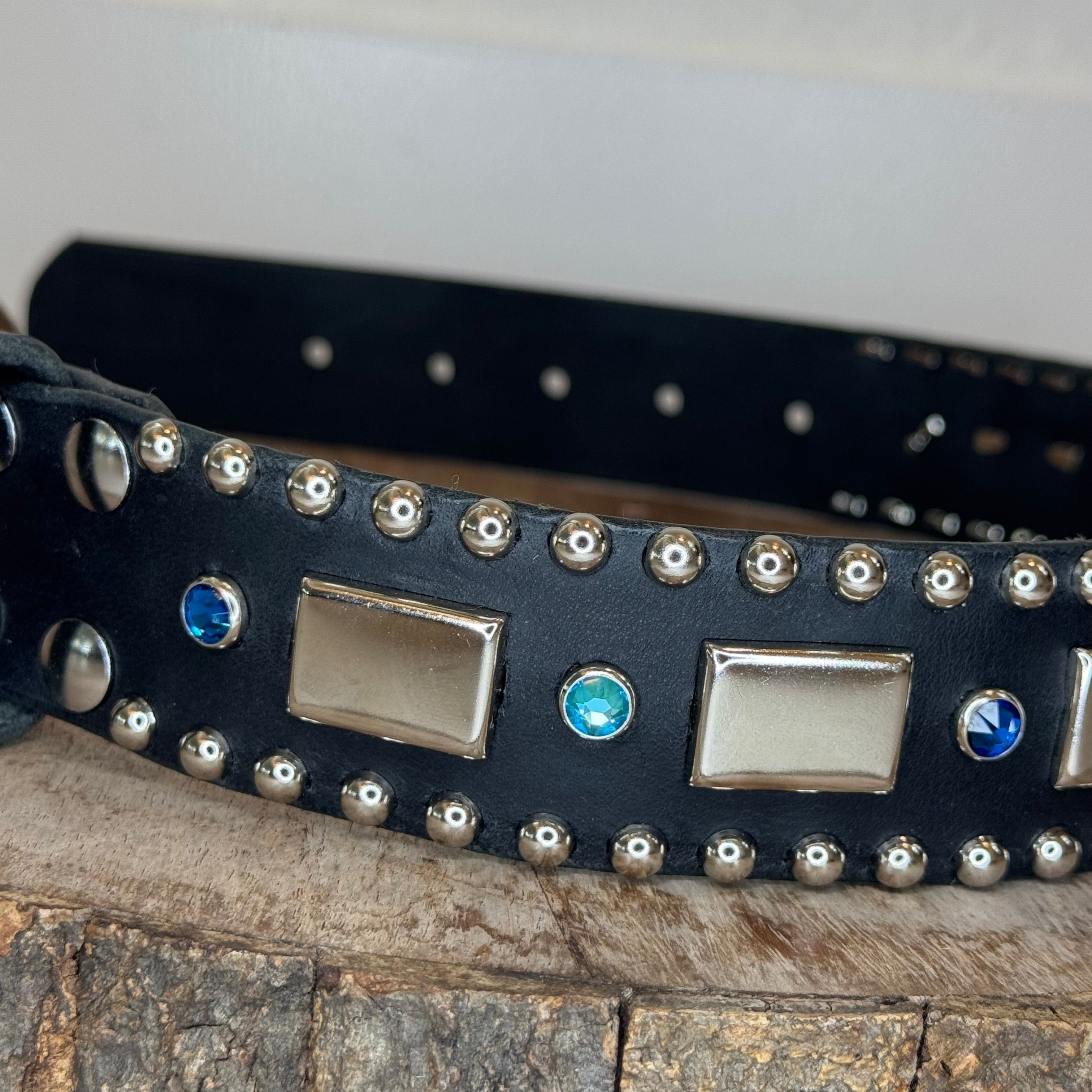 Attis Leather Dog Collar – 1.5" Crystal & Nickel Spots Statement Dog Collar with Personalized Nickel Nameplate