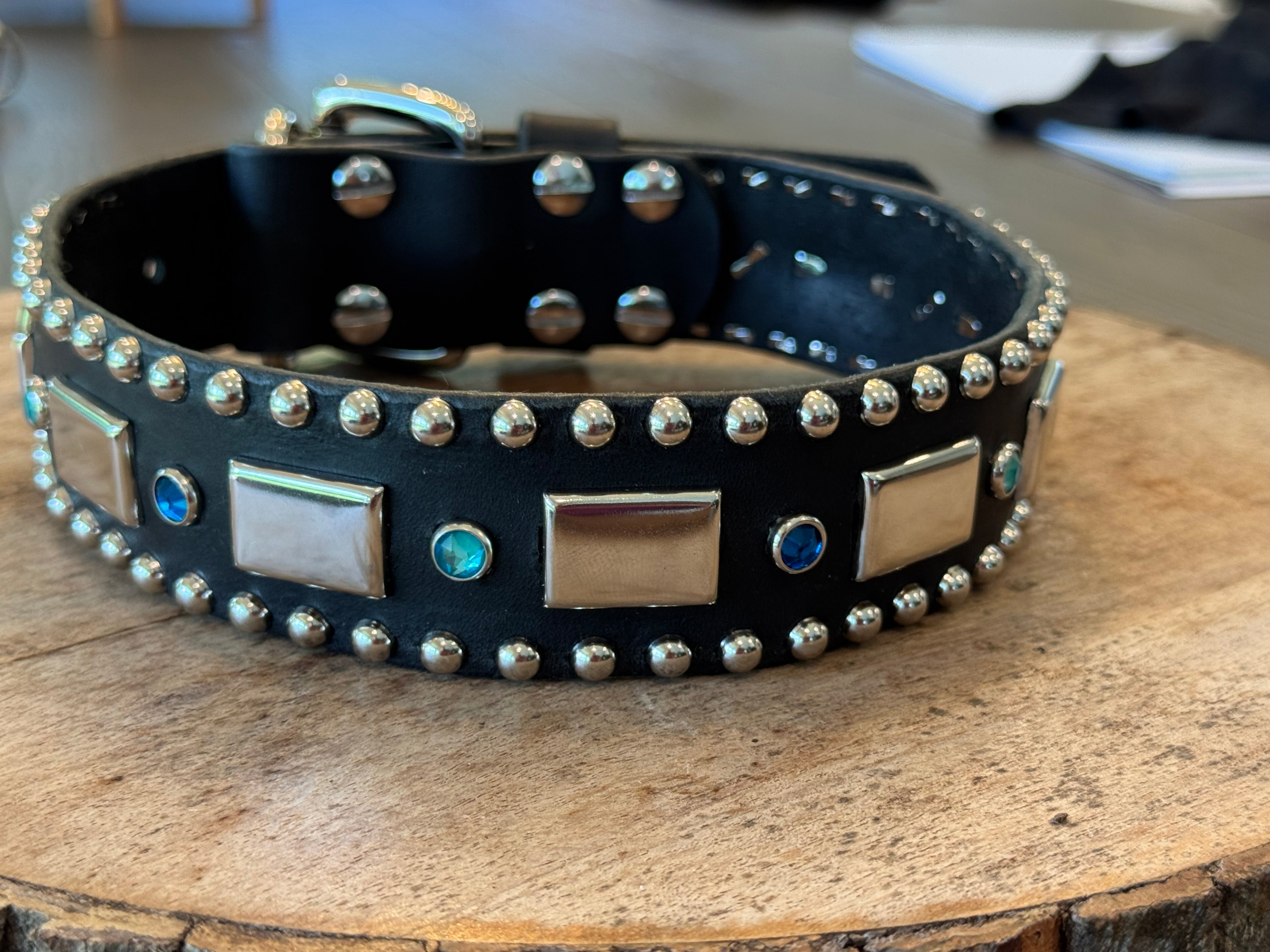 Attis Leather Dog Collar – 1.5" Crystal & Nickel Spots Statement Dog Collar with Personalized Nickel Nameplate