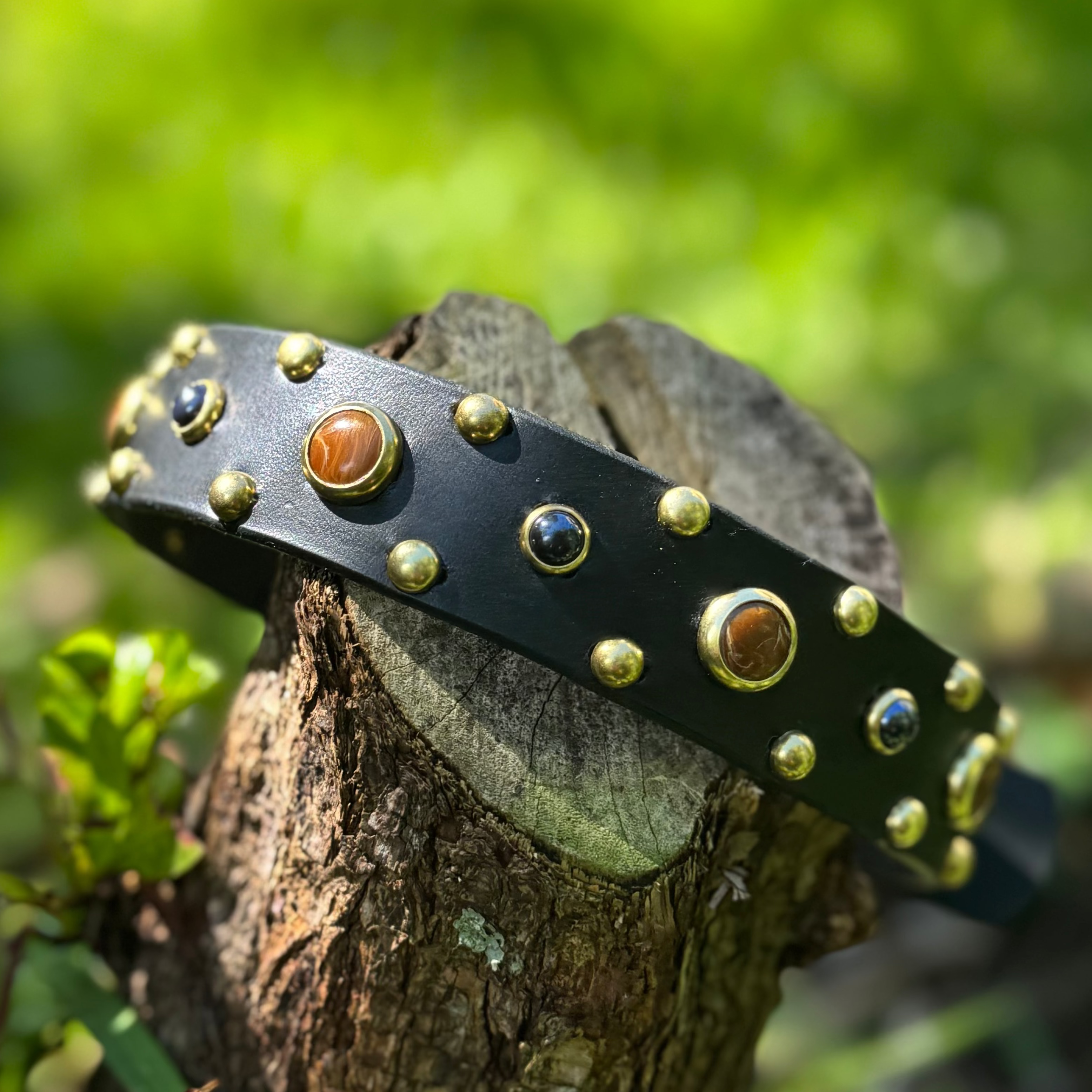 Tiger’s Eye & Onyx Leather Dog Collar – Handmade Natural Stone Dog Collar with Brass, Antique Brass, Nickel, or Matte Black Hardware
