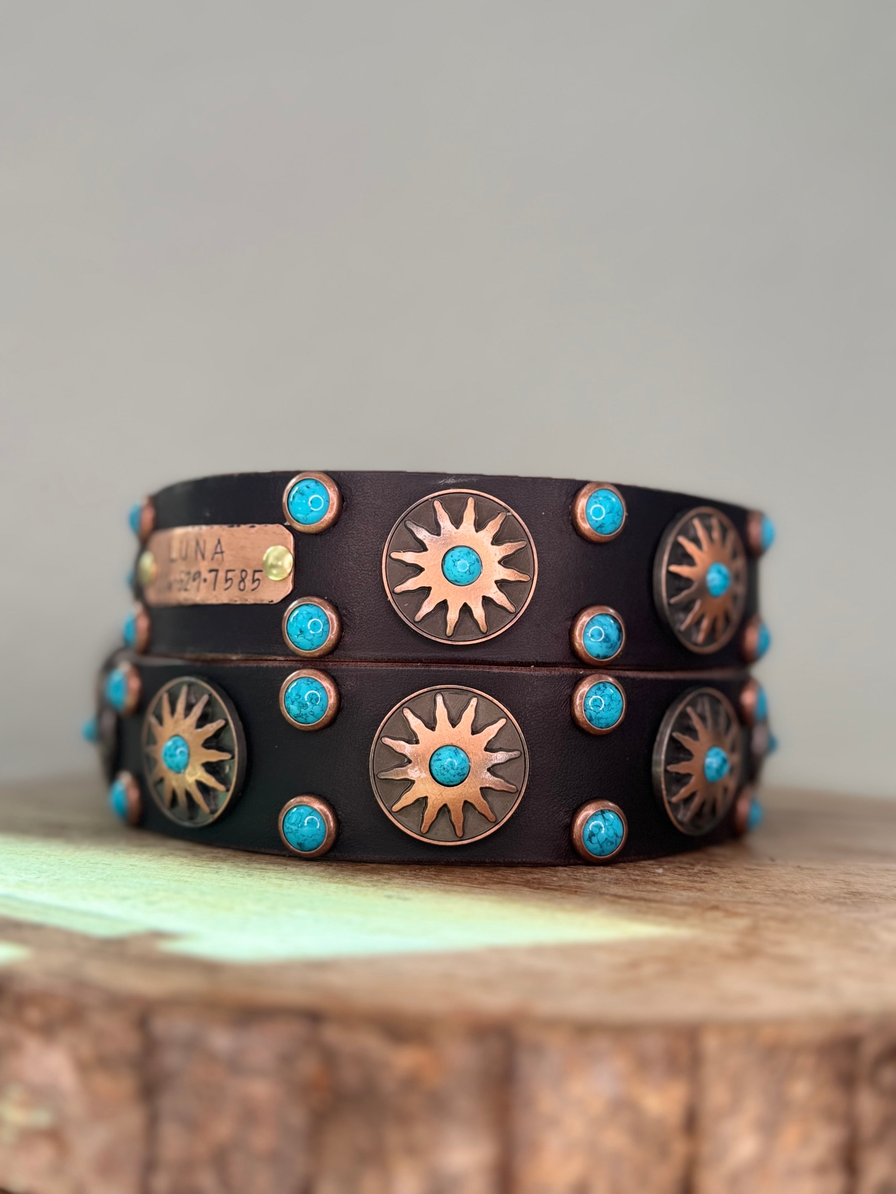 Western Native Sun Leather Dog Collar – 1.5" Turquoise & Copper Sun Concho Large Dog Collar