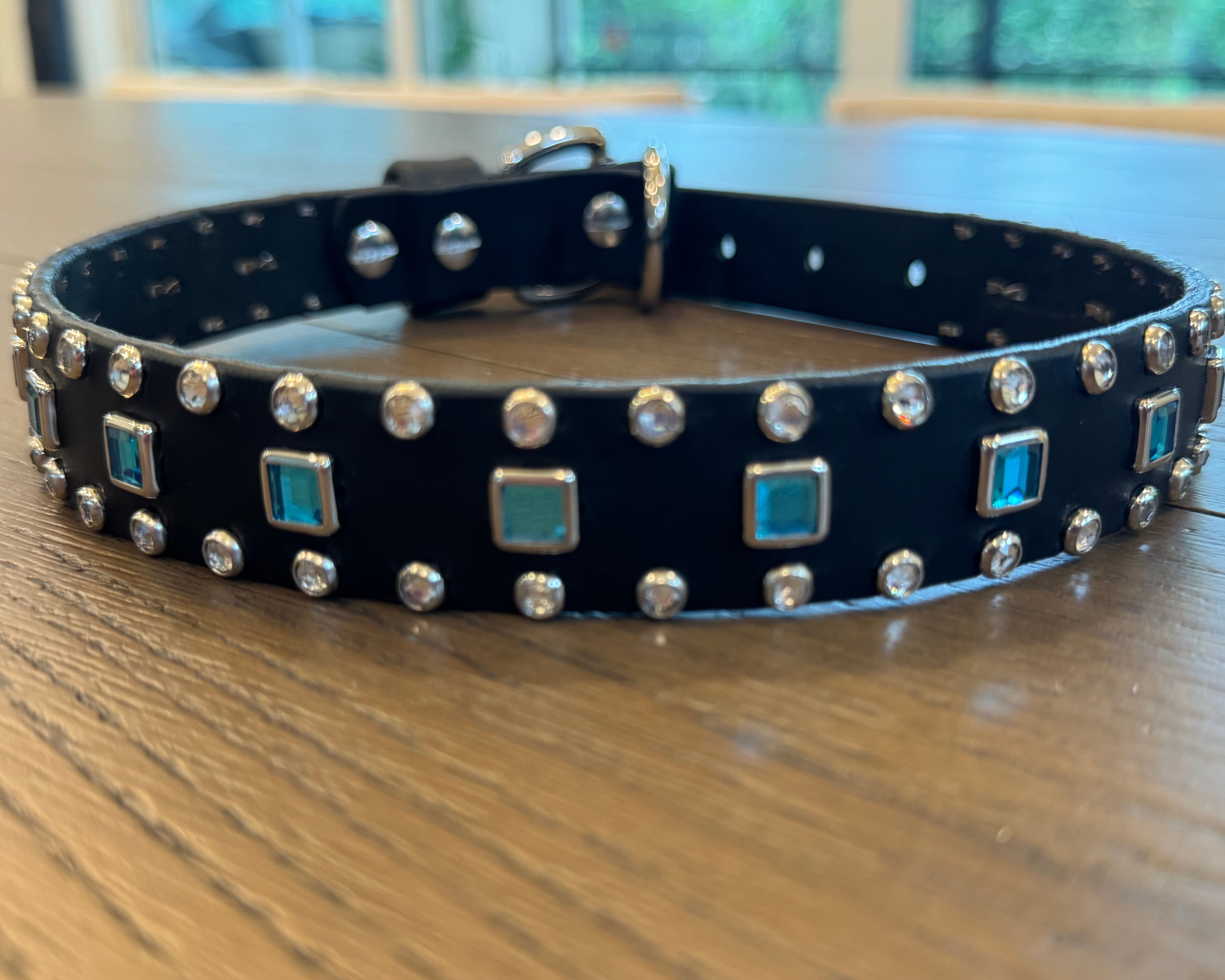 Baryte Square Jewel Clear Crystal Leather Dog Collar – 1" Medium Dog Collar with Nickel Nameplate