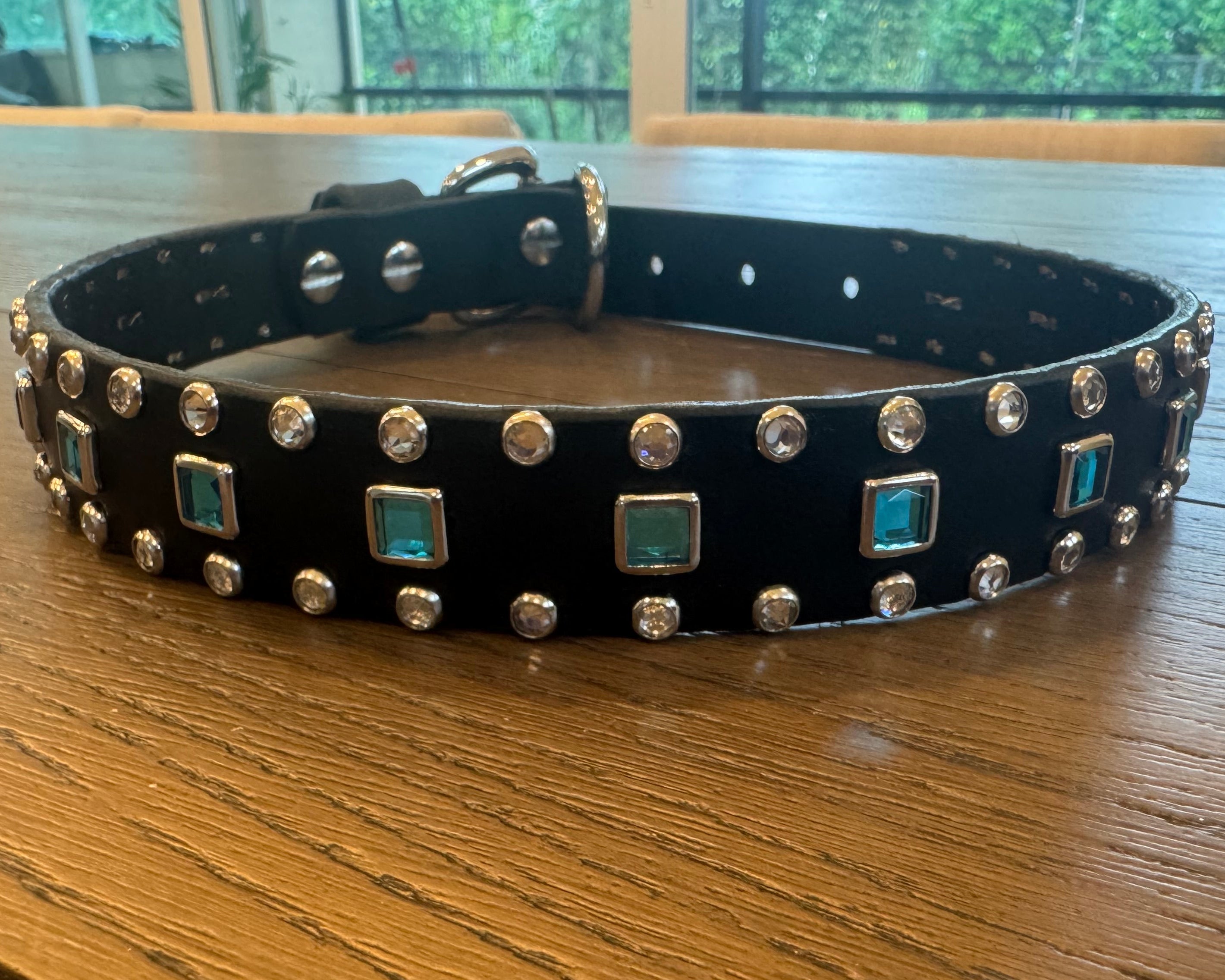 Baryte Square Jewel Clear Crystal Leather Dog Collar – 1" Medium Dog Collar with Nickel Nameplate