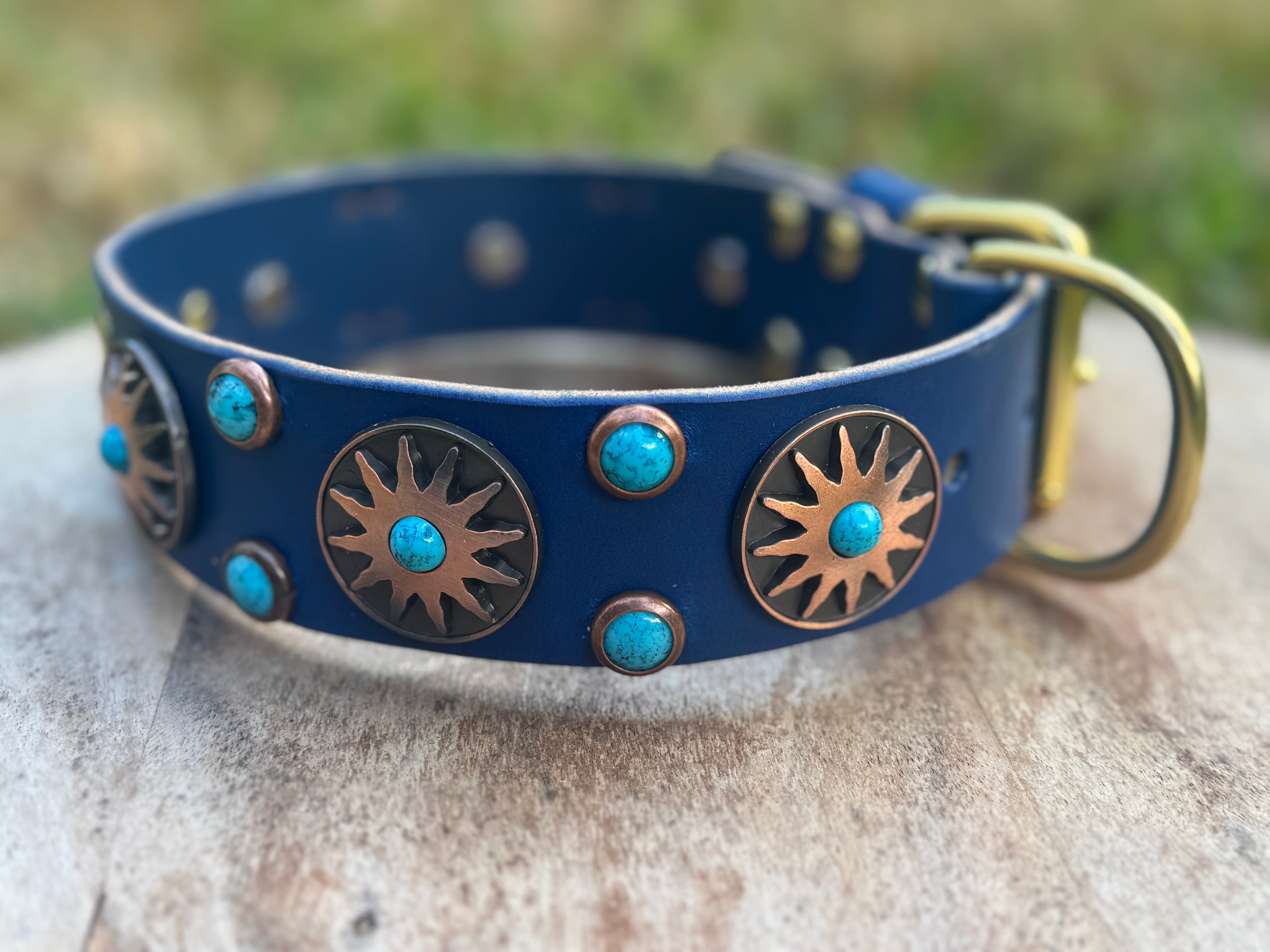 Western Native Sun Leather Dog Collar – 1.5" Turquoise & Copper Sun Concho Large Dog Collar