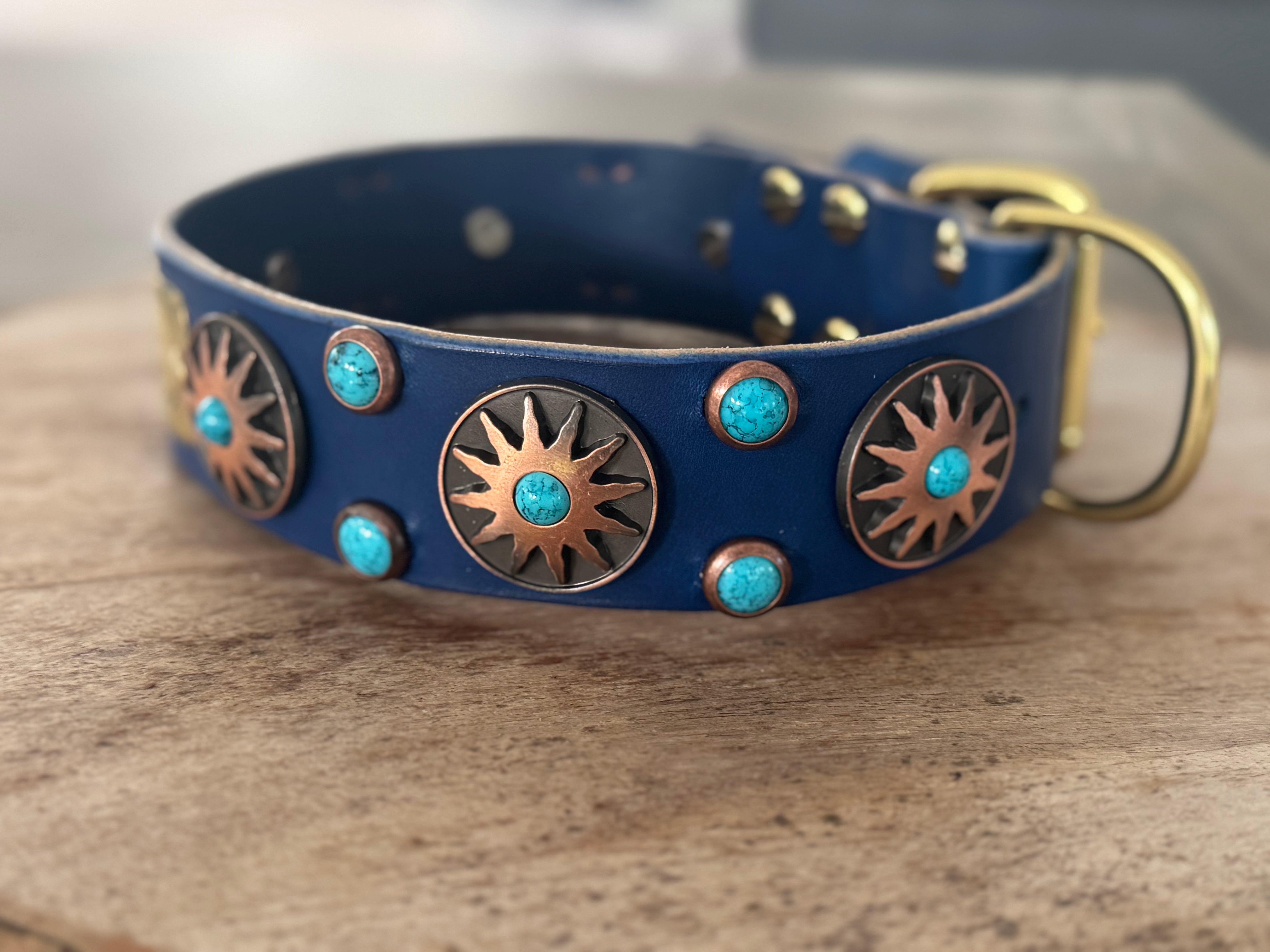 Western Native Sun Leather Dog Collar – 1.5" Turquoise & Copper Sun Concho Large Dog Collar