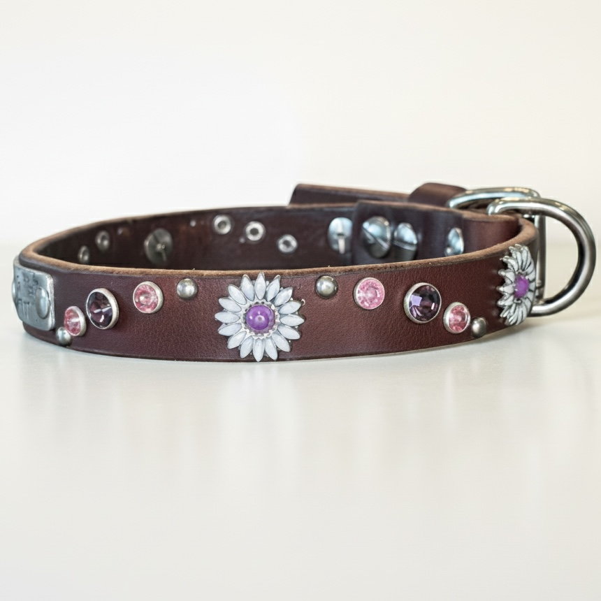 Daisy Crystal Leather Dog Collar – 5/8” Wide, Curved Crystal Design