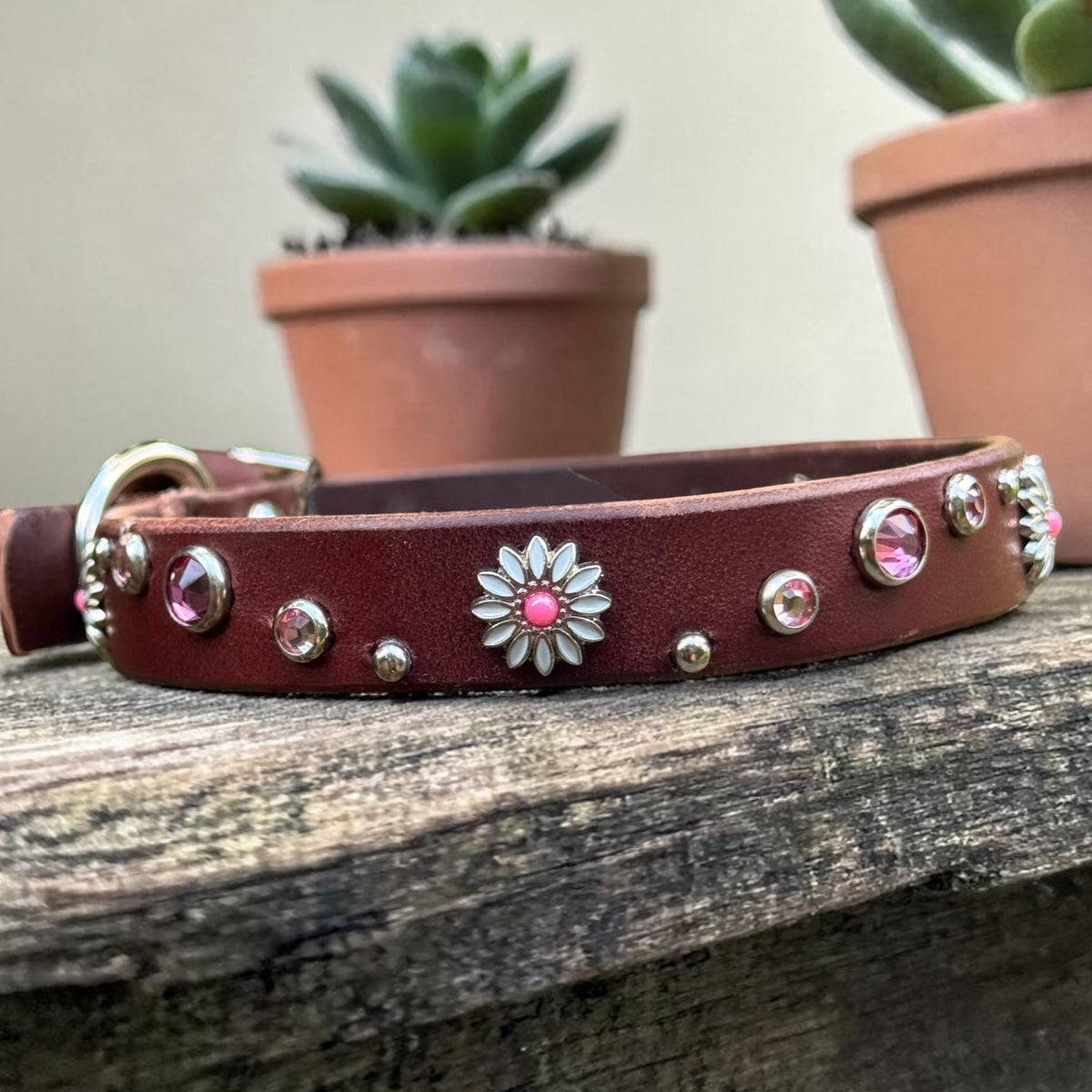 Daisy Crystal Leather Dog Collar – 5/8” Wide, Curved Crystal Design