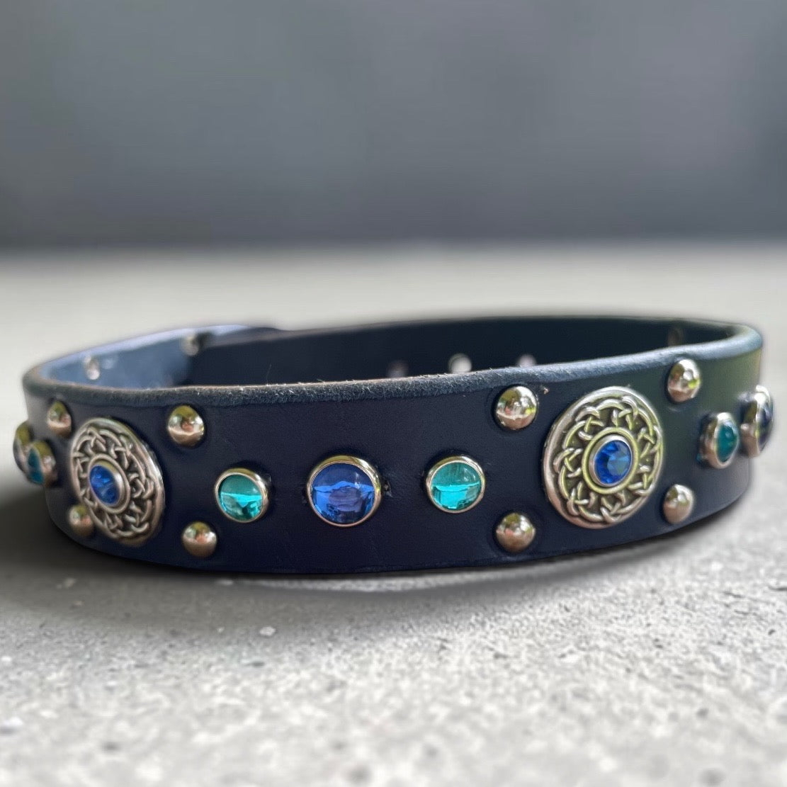 Grapevine Leather Dog Collar – 1" Celtic Concho Dog Collar with Crystals & Cabochons – Optional Nameplat