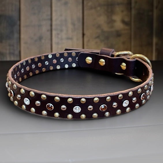 The Imperial – Studded Crystal Leather Dog Collar 1" | Brass & Nickel Hardware | Handmade Luxury