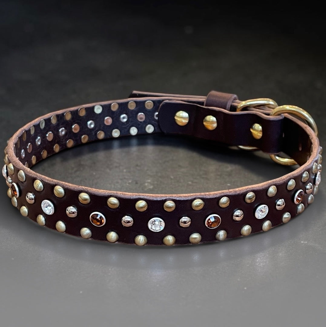 The Imperial – Studded Crystal Leather Dog Collar 1" | Brass & Nickel Hardware | Handmade Luxury