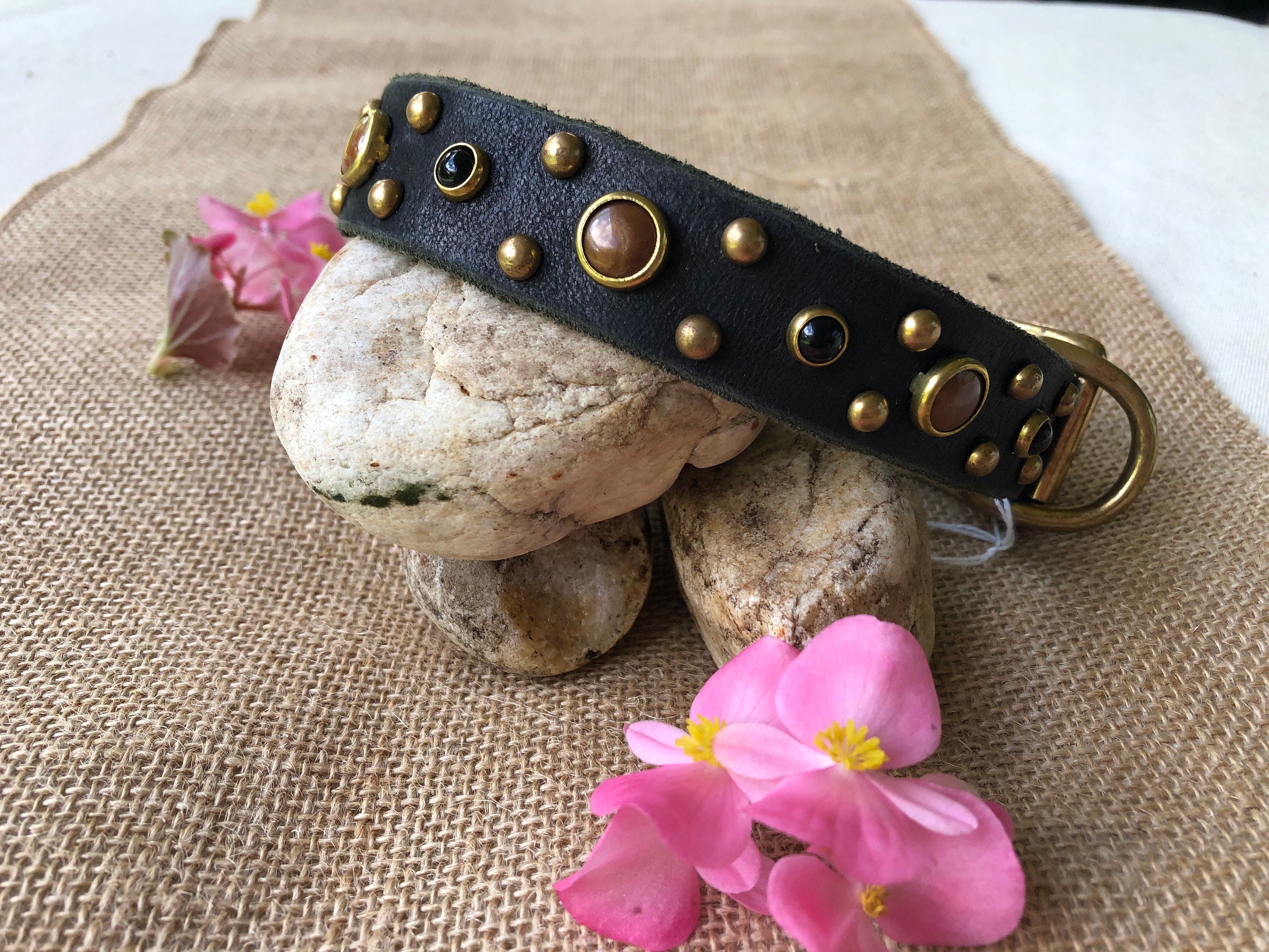 Tiger’s Eye & Onyx Leather Dog Collar – Handmade Natural Stone Dog Collar with Brass, Antique Brass, Nickel, or Matte Black Hardware