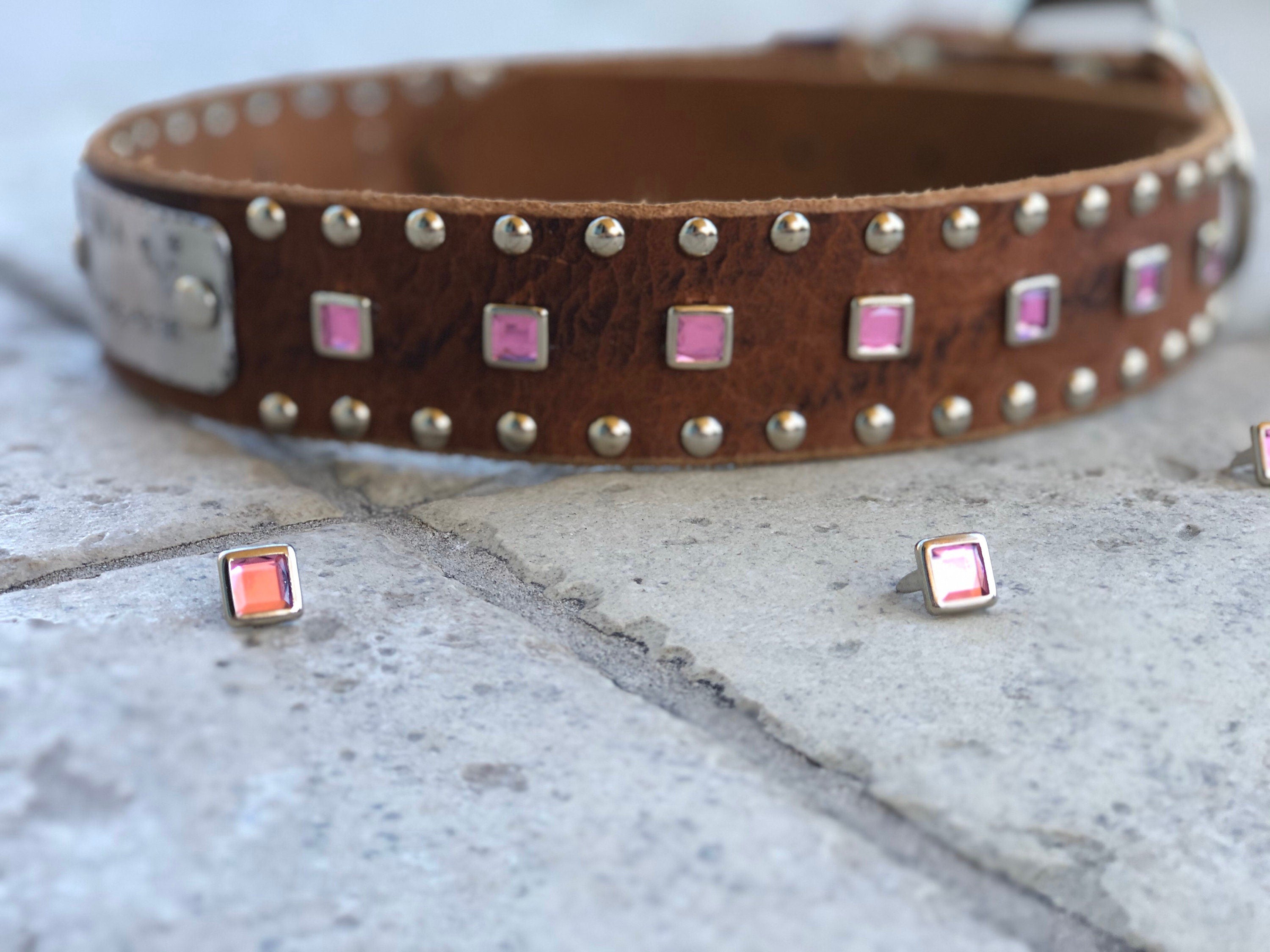 Baryte Square Jewel Leather Dog Collar – 1.5" Large Dog Collar with Nickel Nameplate